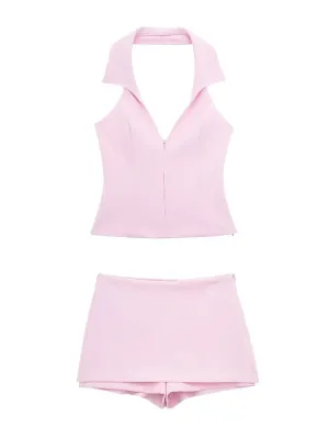 A&A Chic Spring Pink Halter Neck Skort Set