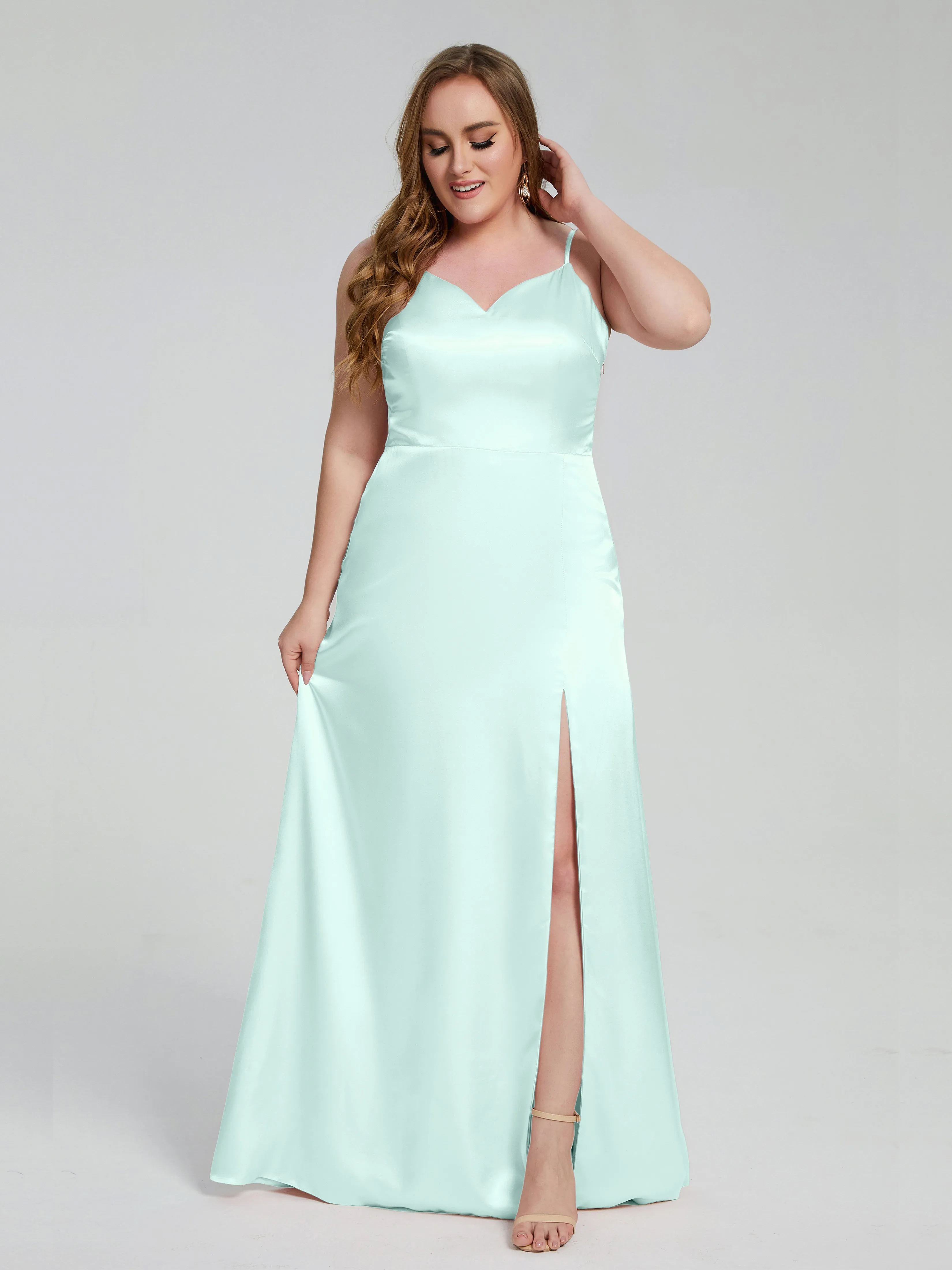 Adelyn Sexy Split Plus Size Soft Satin Bridesmaid Dresses