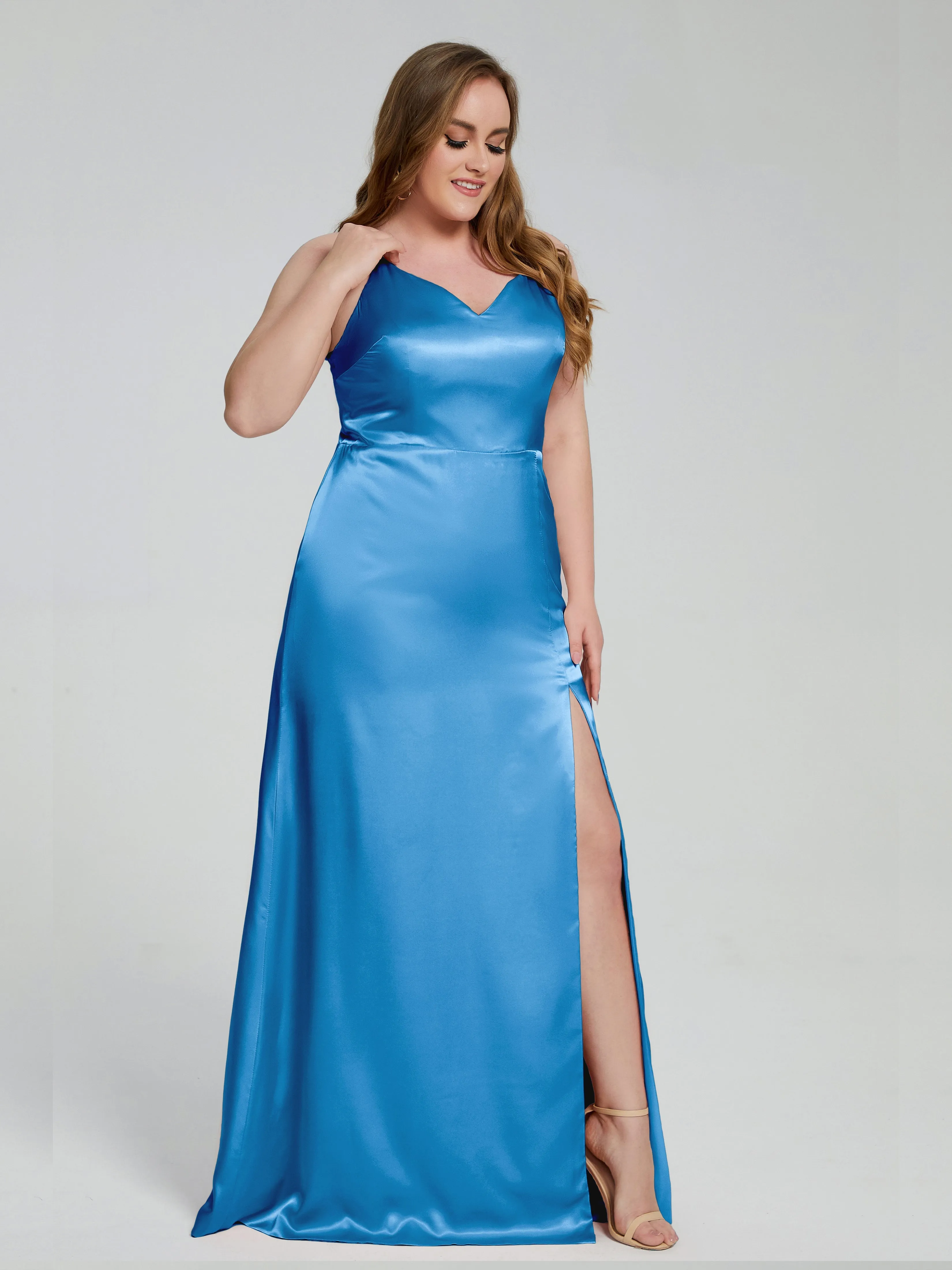 Adelyn Sexy Split Plus Size Soft Satin Bridesmaid Dresses
