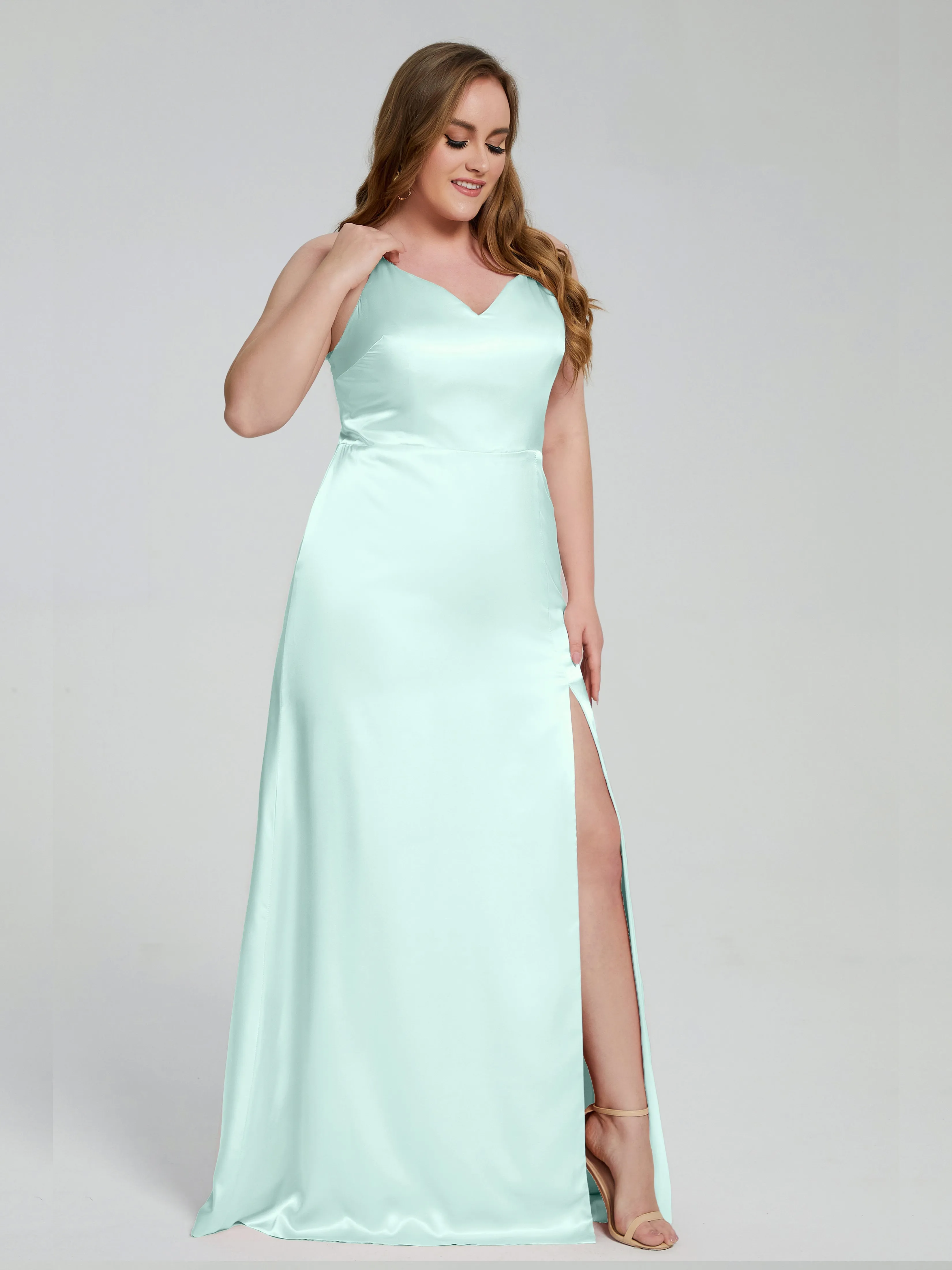 Adelyn Sexy Split Plus Size Soft Satin Bridesmaid Dresses