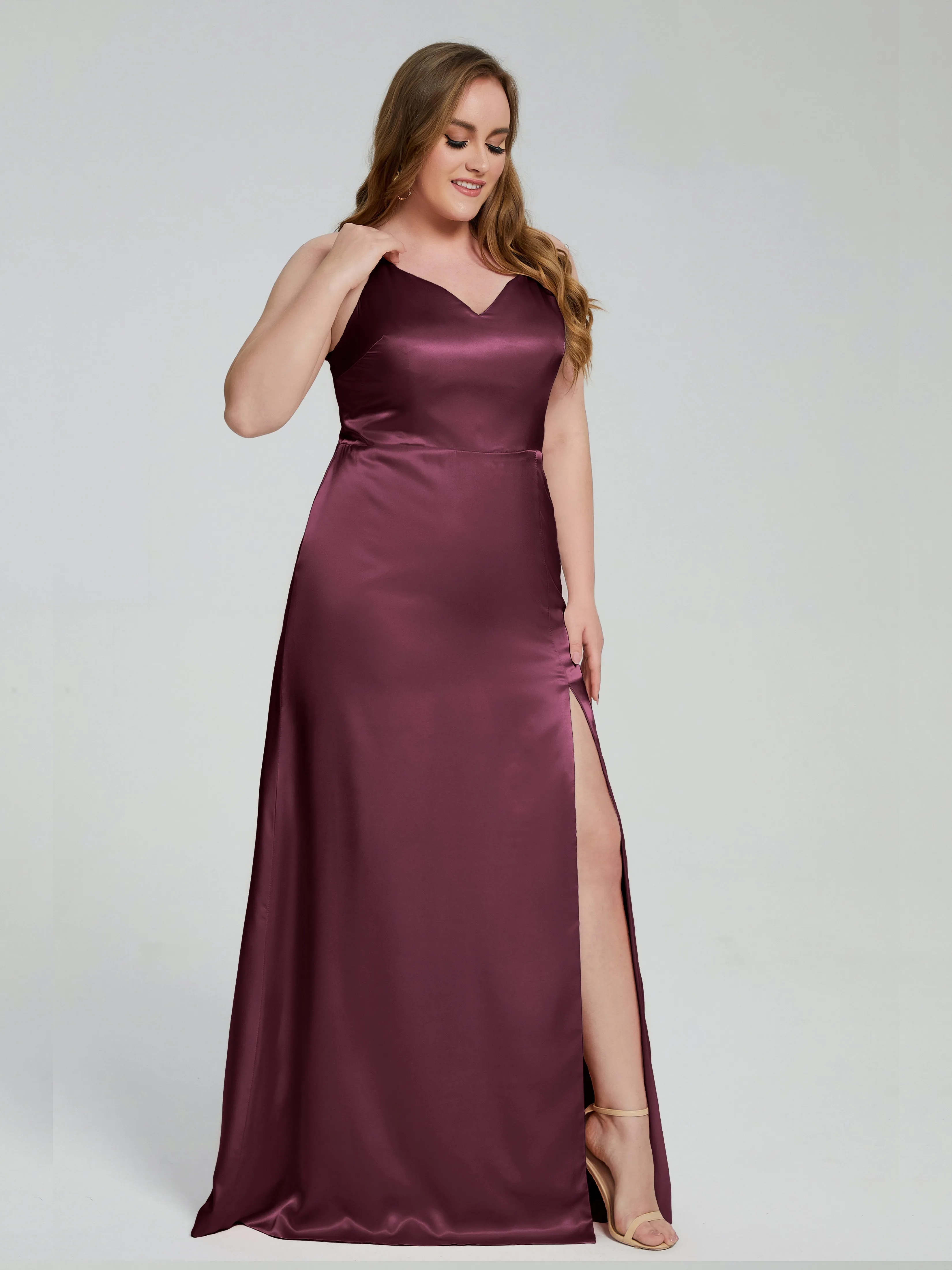 Adelyn Sexy Split Plus Size Soft Satin Bridesmaid Dresses