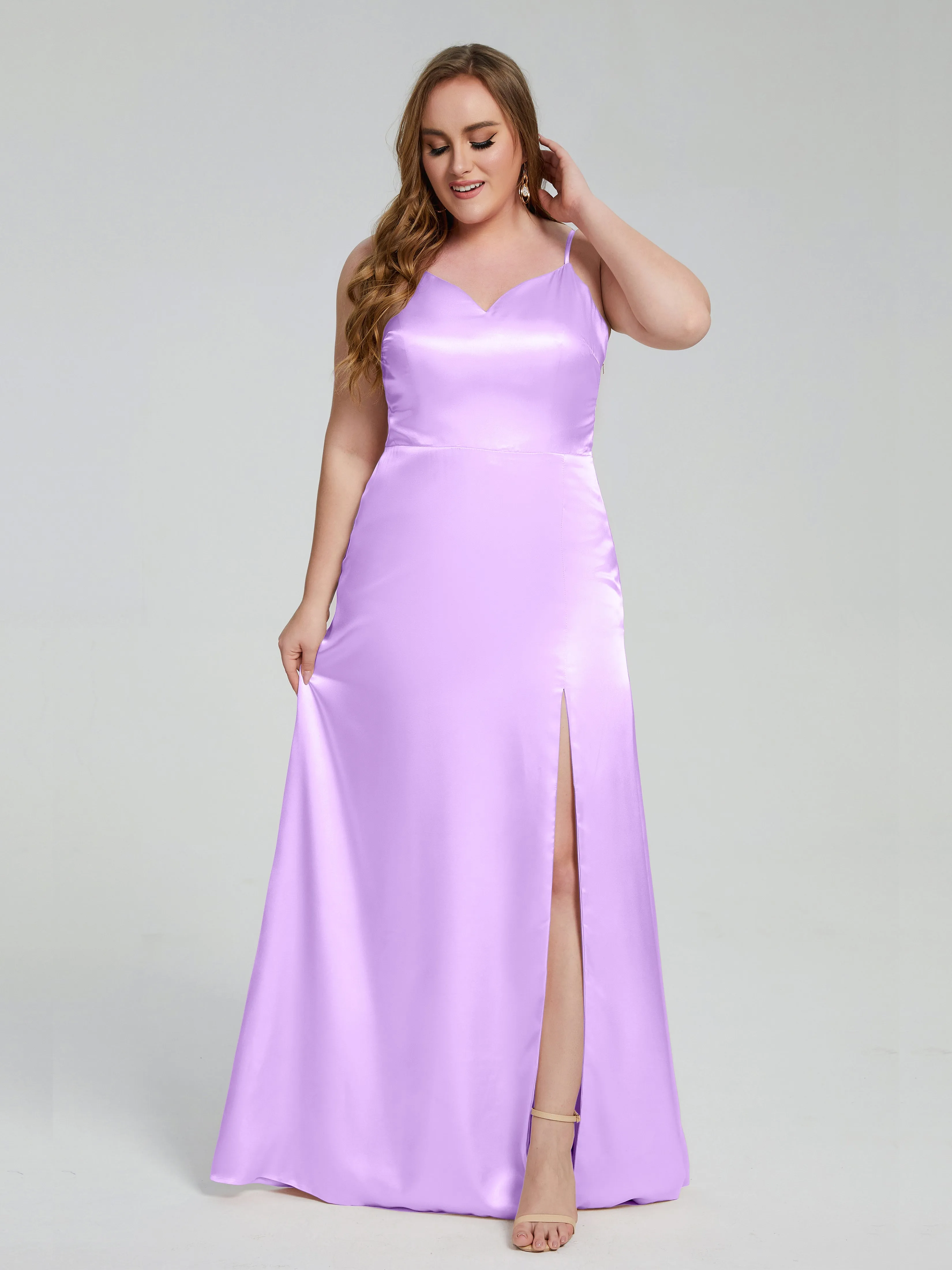 Adelyn Sexy Split Plus Size Soft Satin Bridesmaid Dresses
