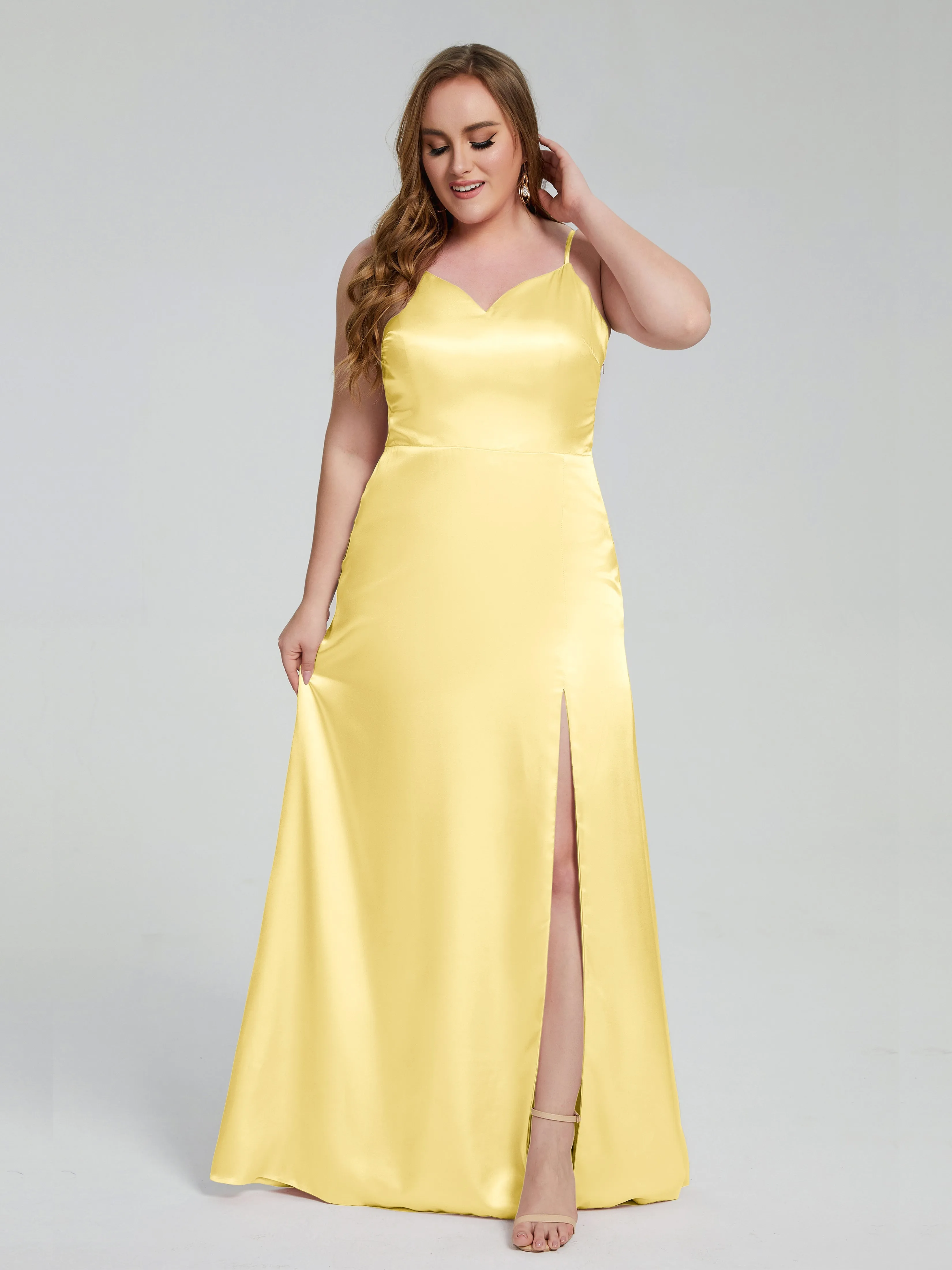 Adelyn Sexy Split Plus Size Soft Satin Bridesmaid Dresses