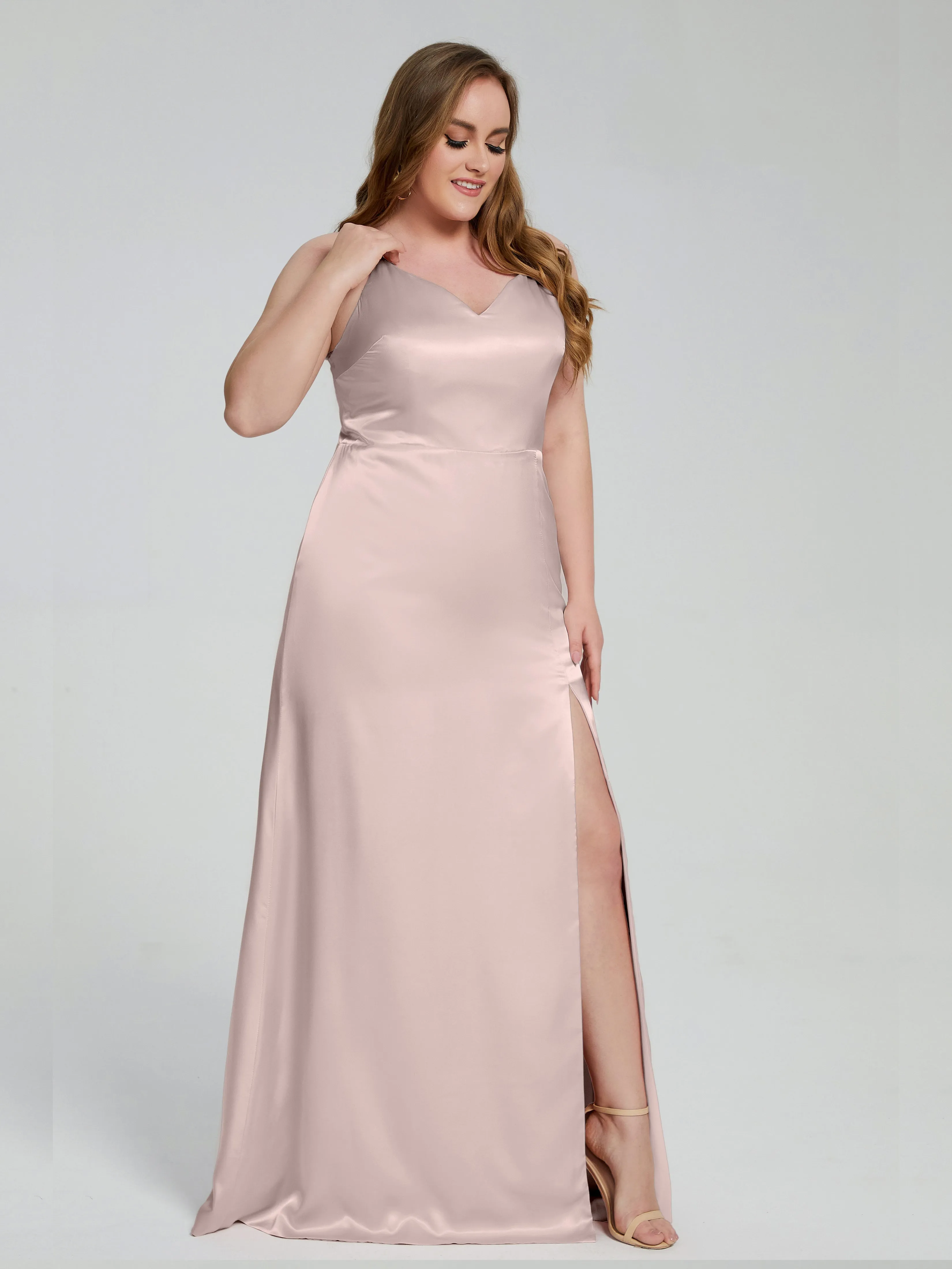 Adelyn Sexy Split Plus Size Soft Satin Bridesmaid Dresses
