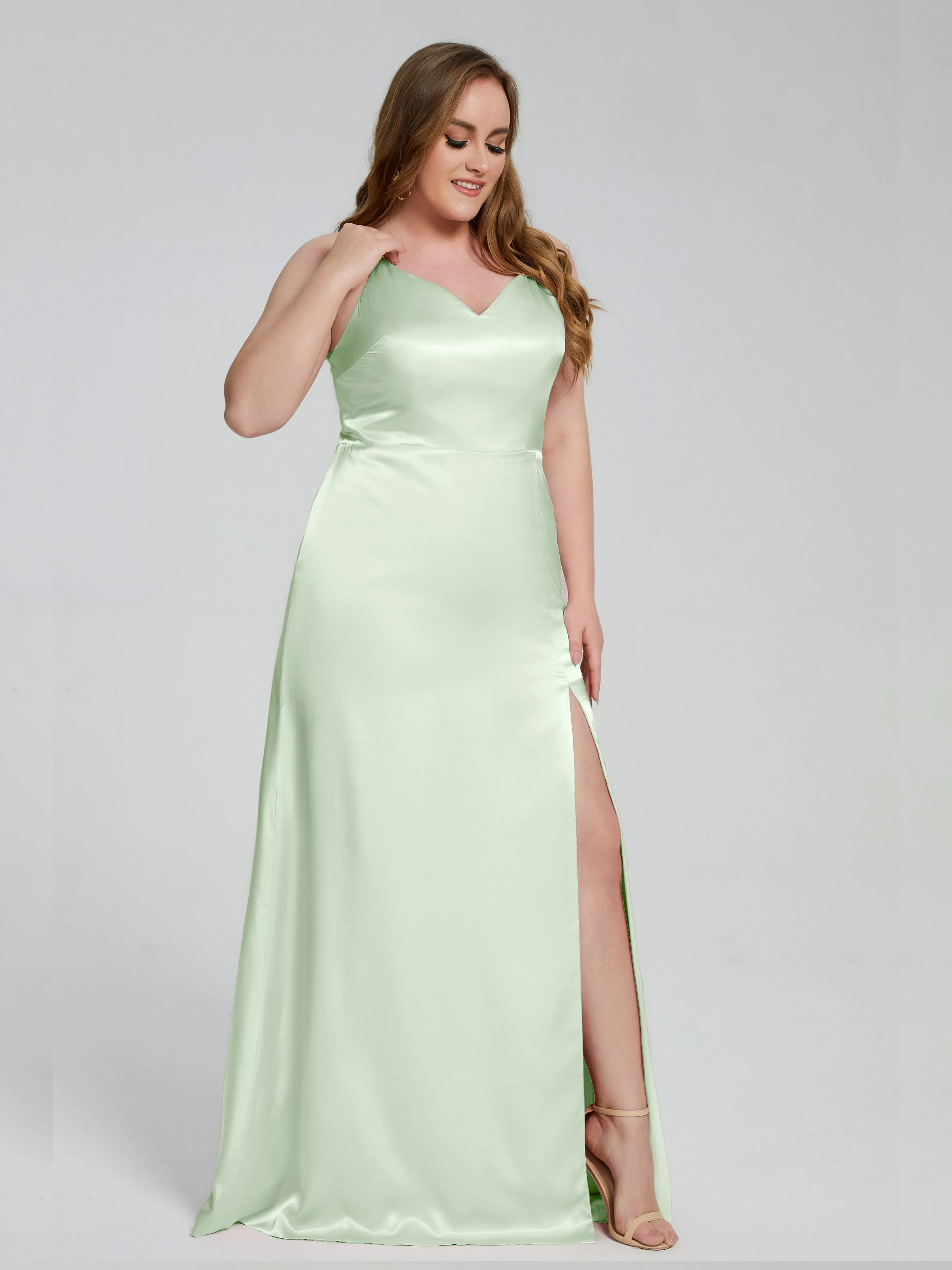 Adelyn Sexy Split Plus Size Soft Satin Bridesmaid Dresses