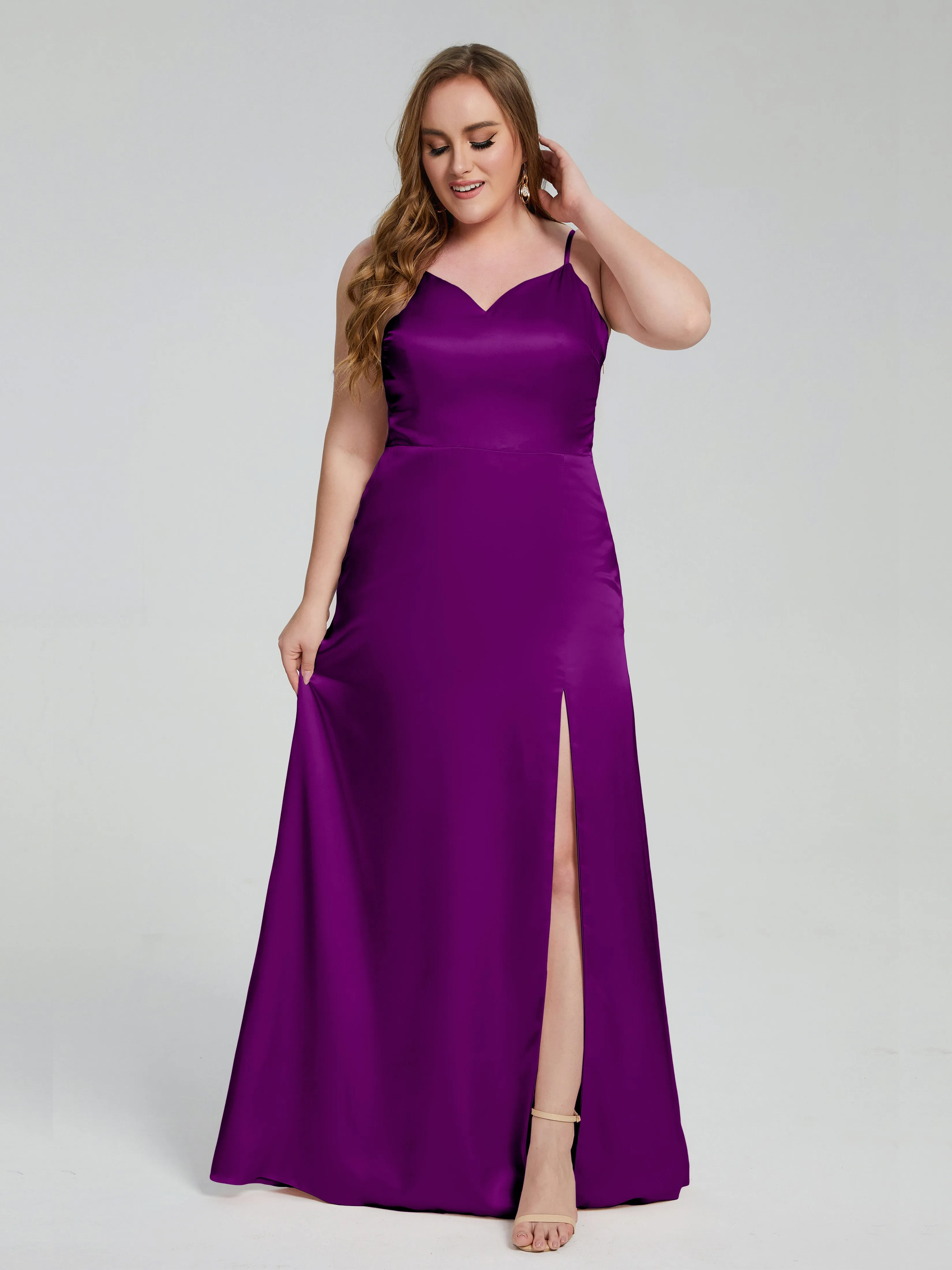 Adelyn Sexy Split Plus Size Soft Satin Bridesmaid Dresses