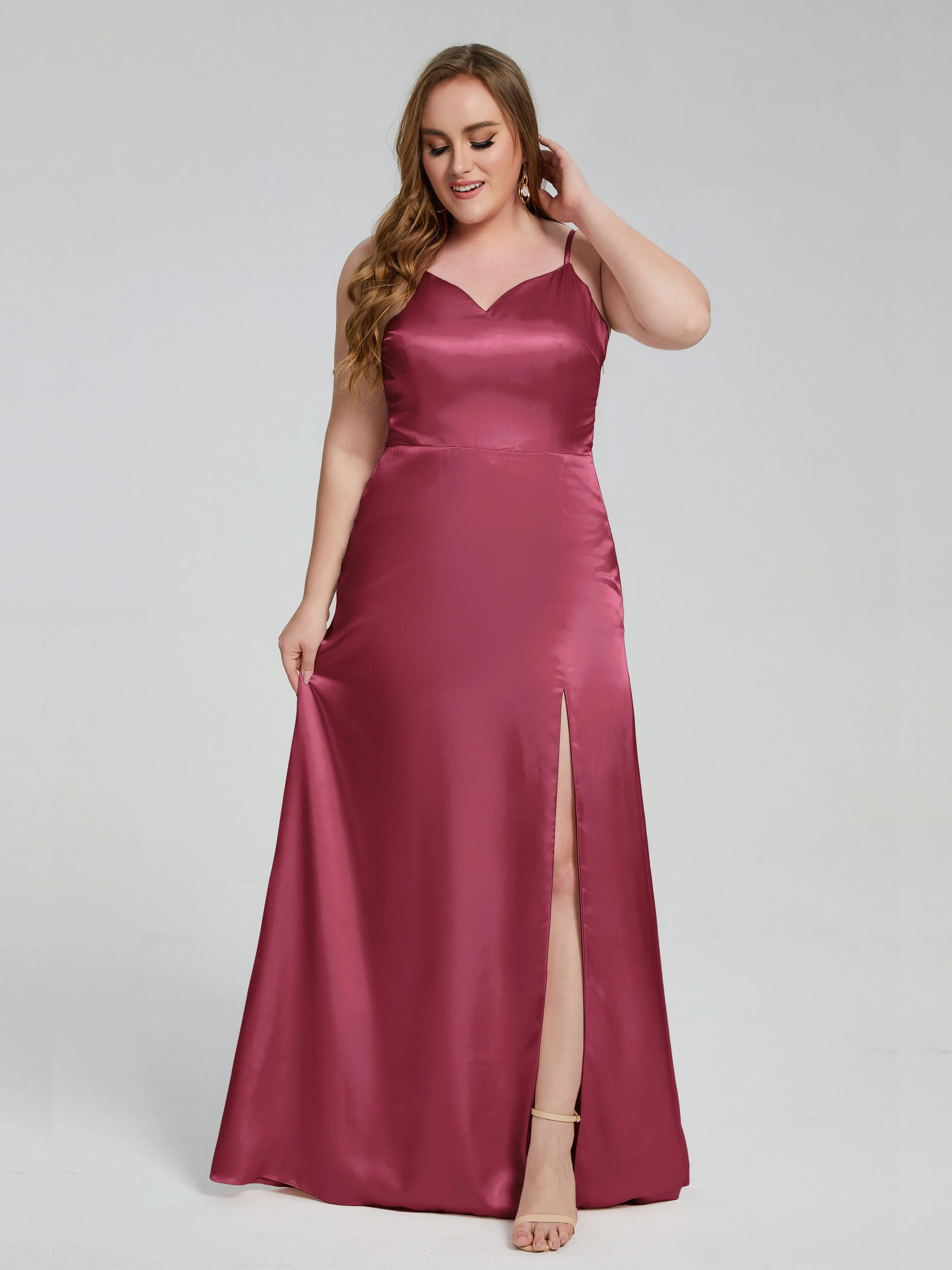 Adelyn Sexy Split Plus Size Soft Satin Bridesmaid Dresses