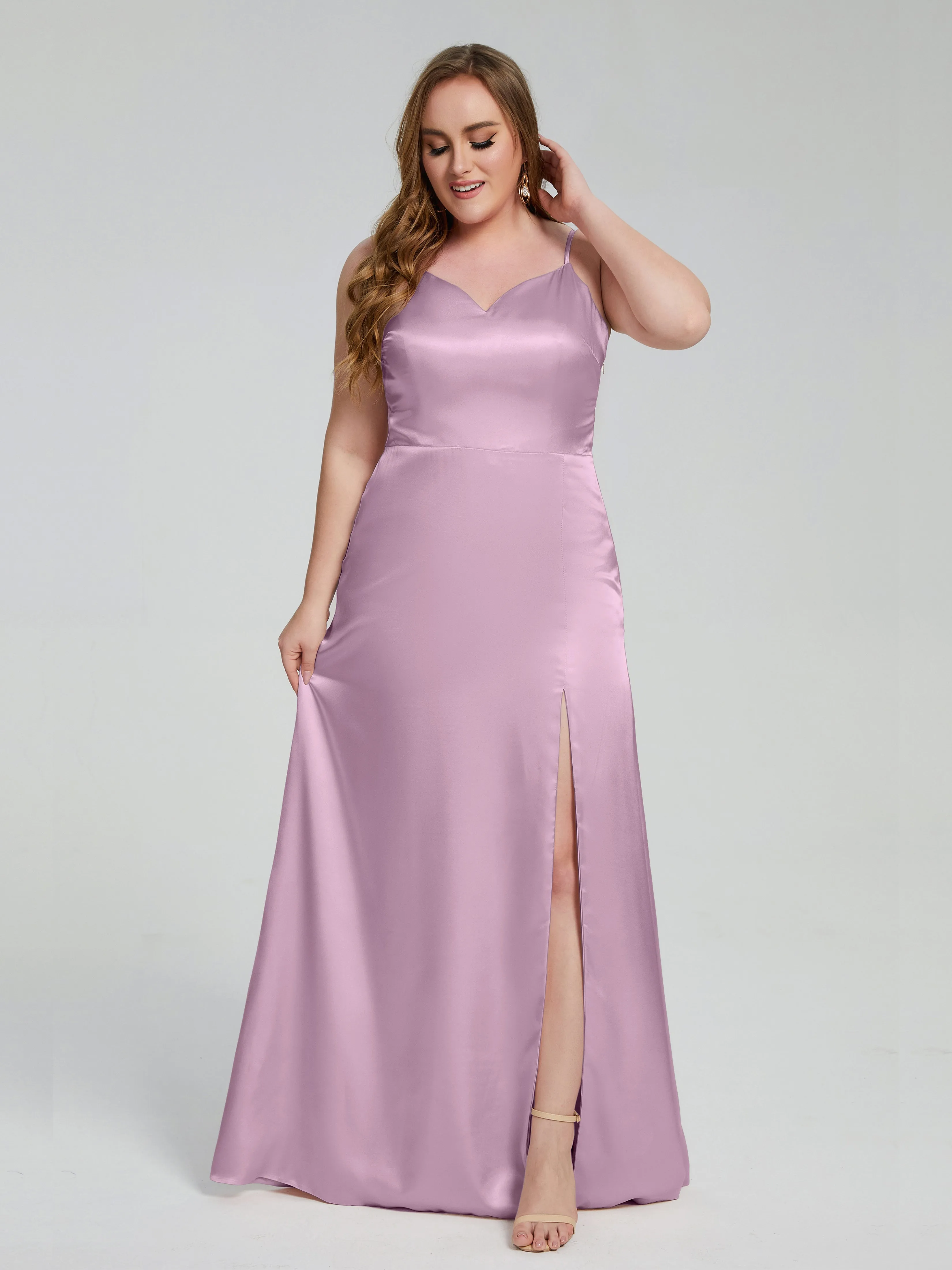 Adelyn Sexy Split Plus Size Soft Satin Bridesmaid Dresses