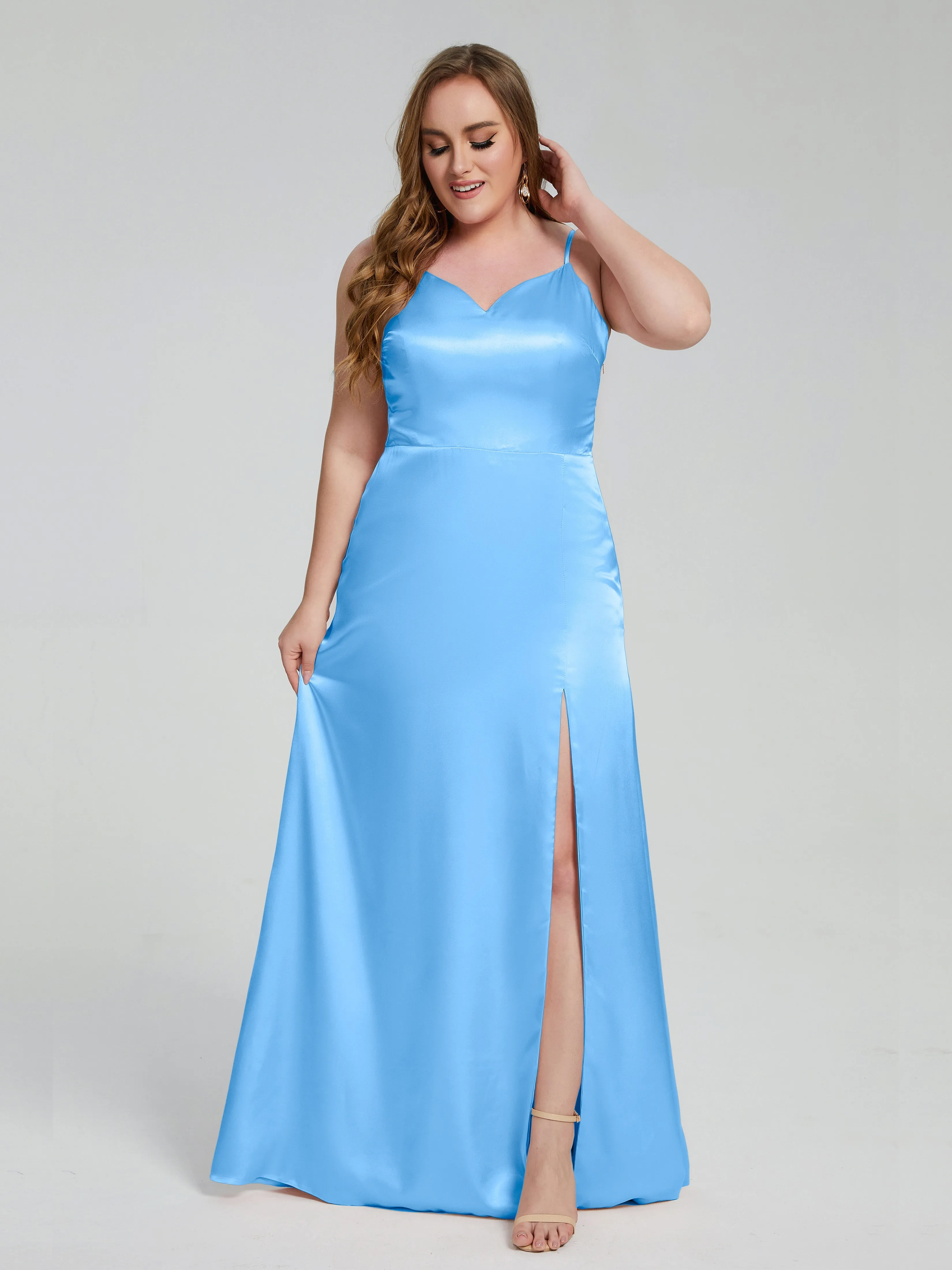 Adelyn Sexy Split Plus Size Soft Satin Bridesmaid Dresses