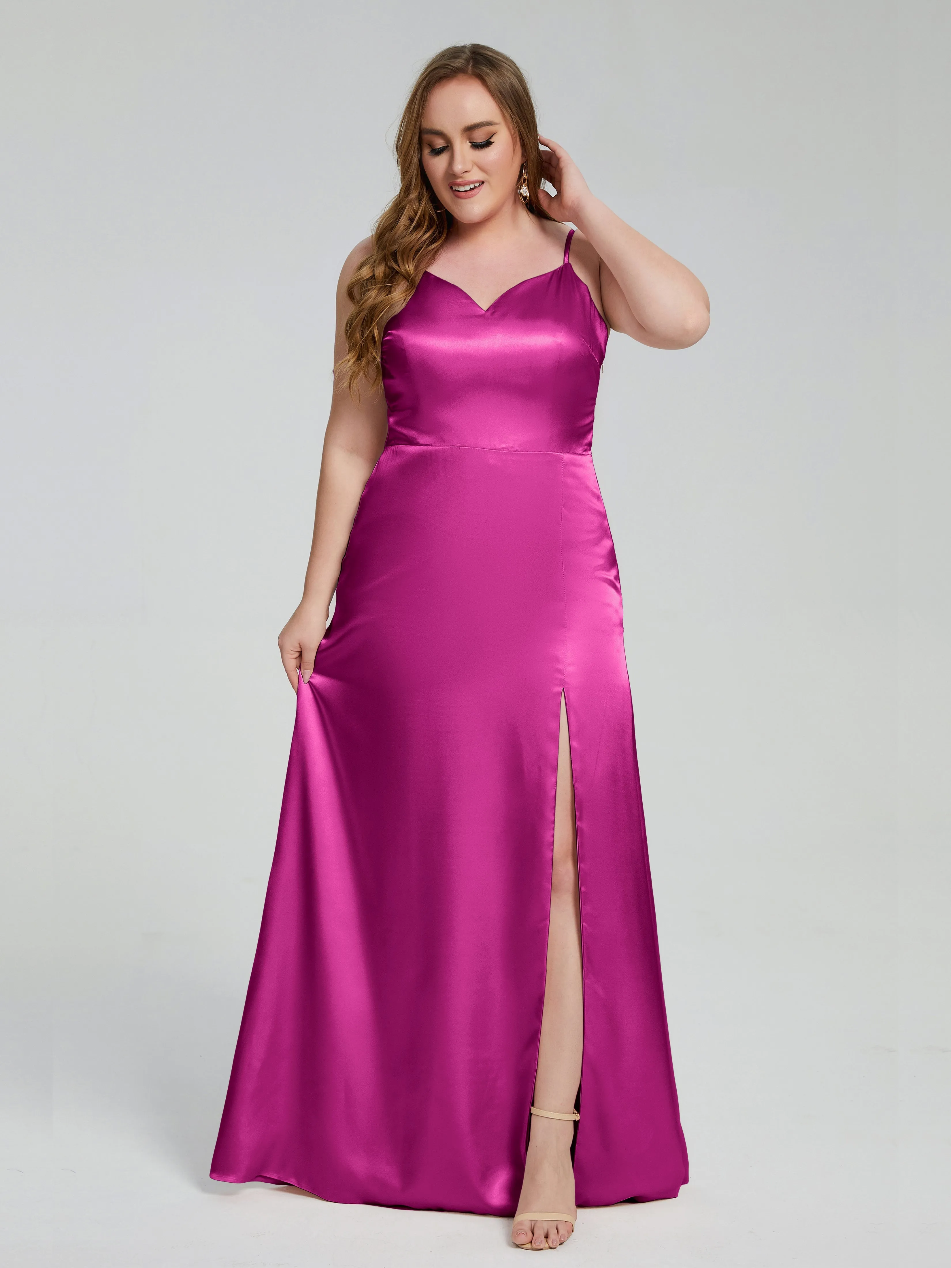 Adelyn Sexy Split Plus Size Soft Satin Bridesmaid Dresses