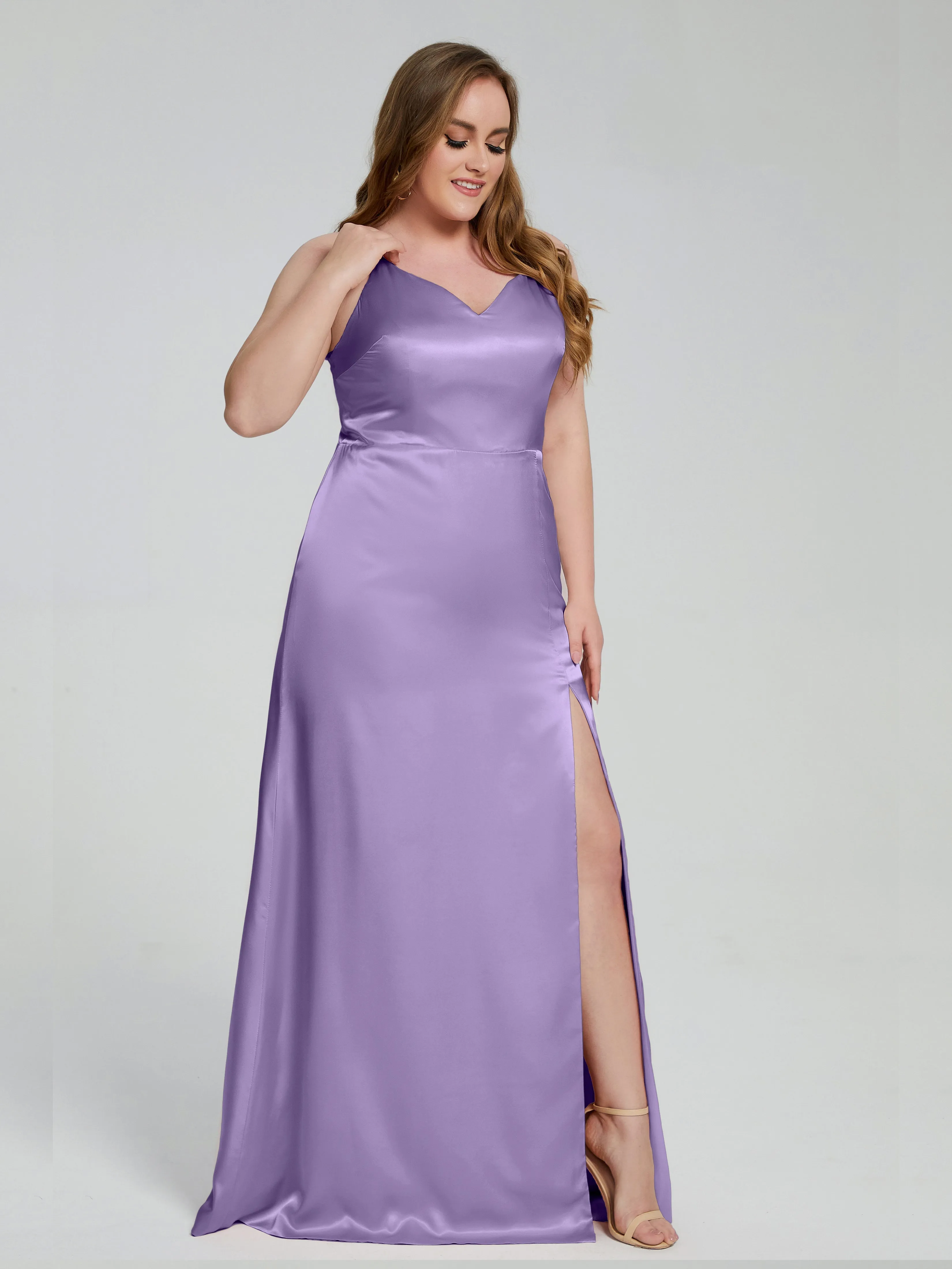 Adelyn Sexy Split Plus Size Soft Satin Bridesmaid Dresses