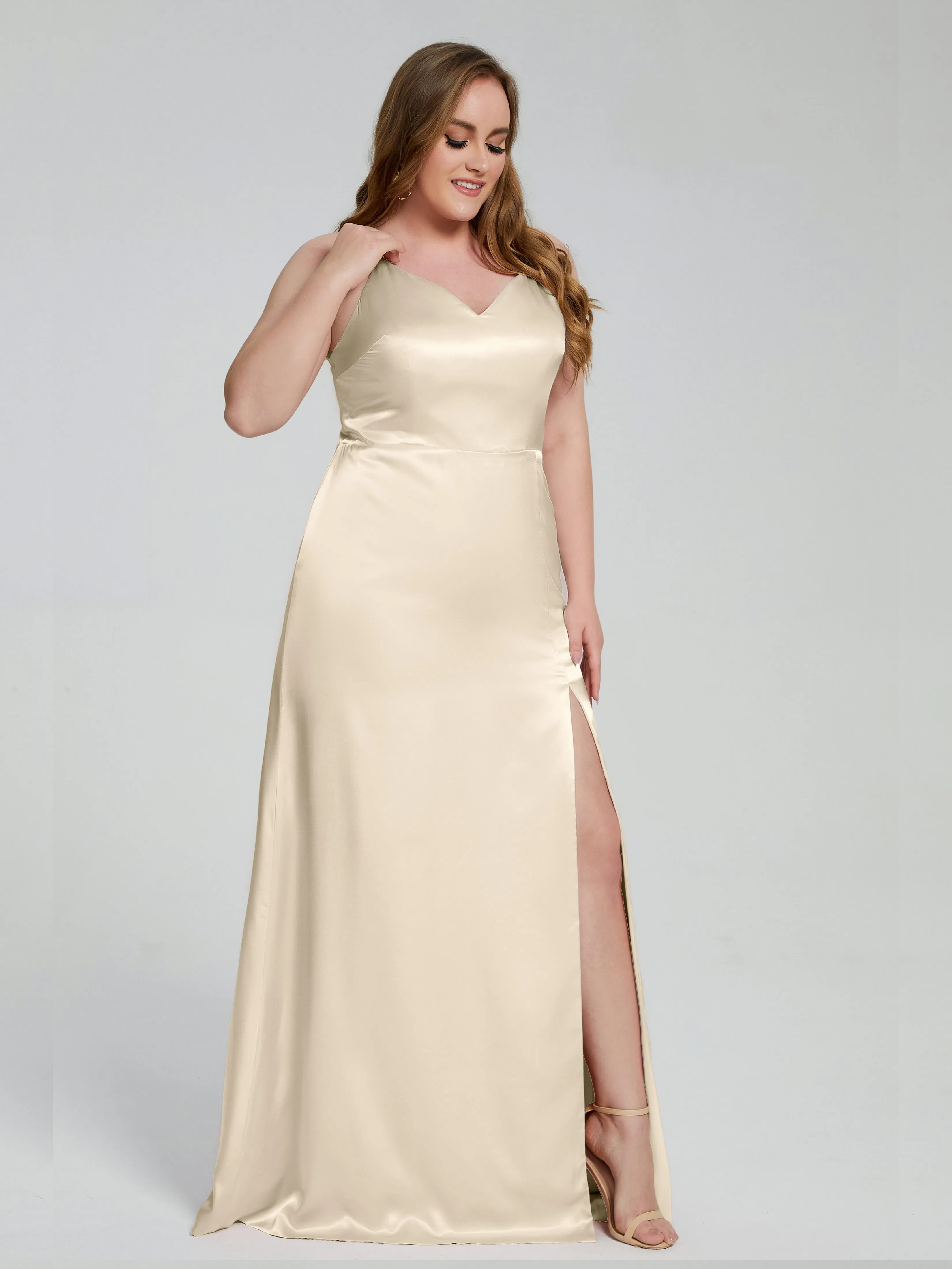 Adelyn Sexy Split Plus Size Soft Satin Bridesmaid Dresses