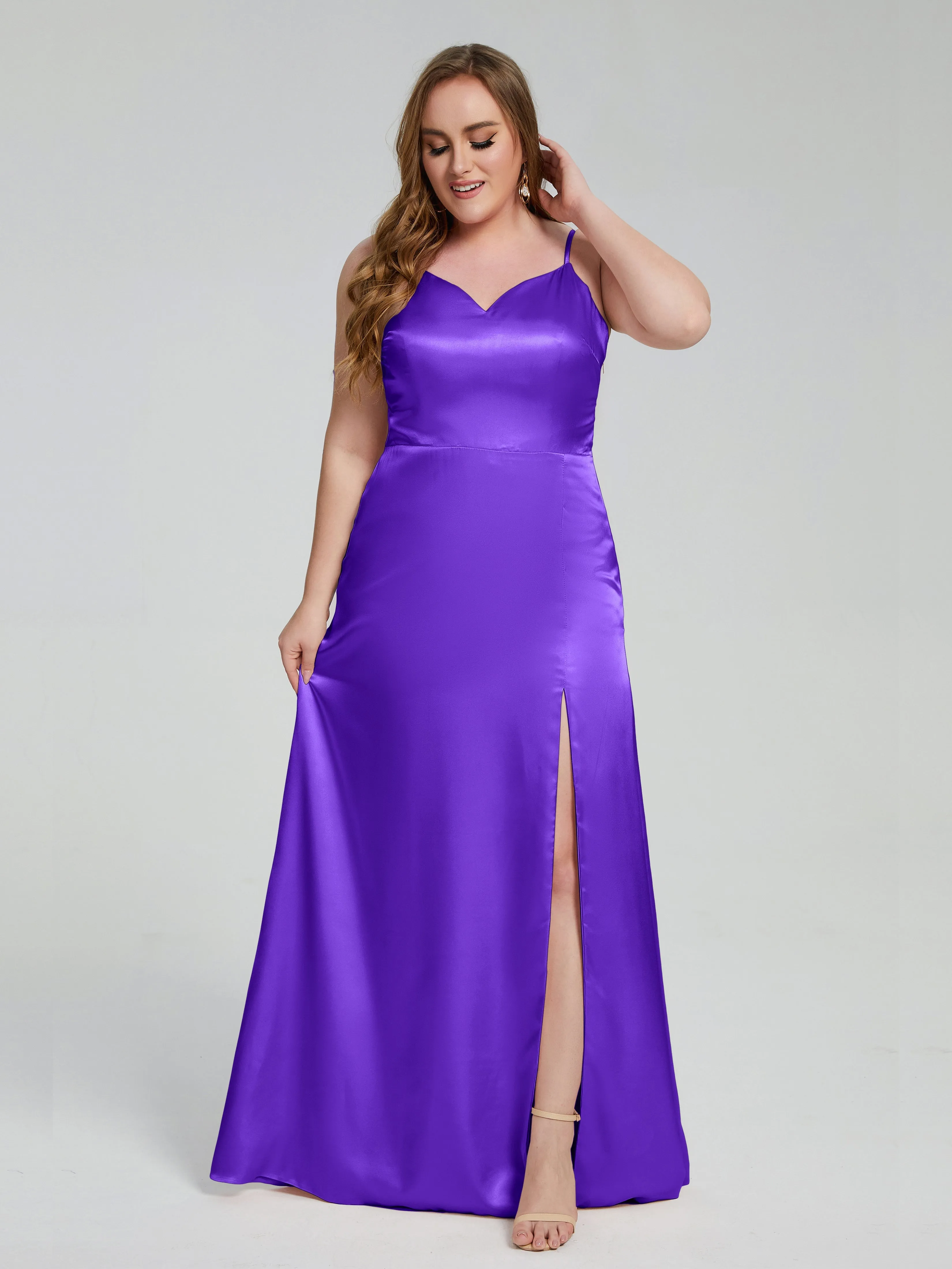 Adelyn Sexy Split Plus Size Soft Satin Bridesmaid Dresses