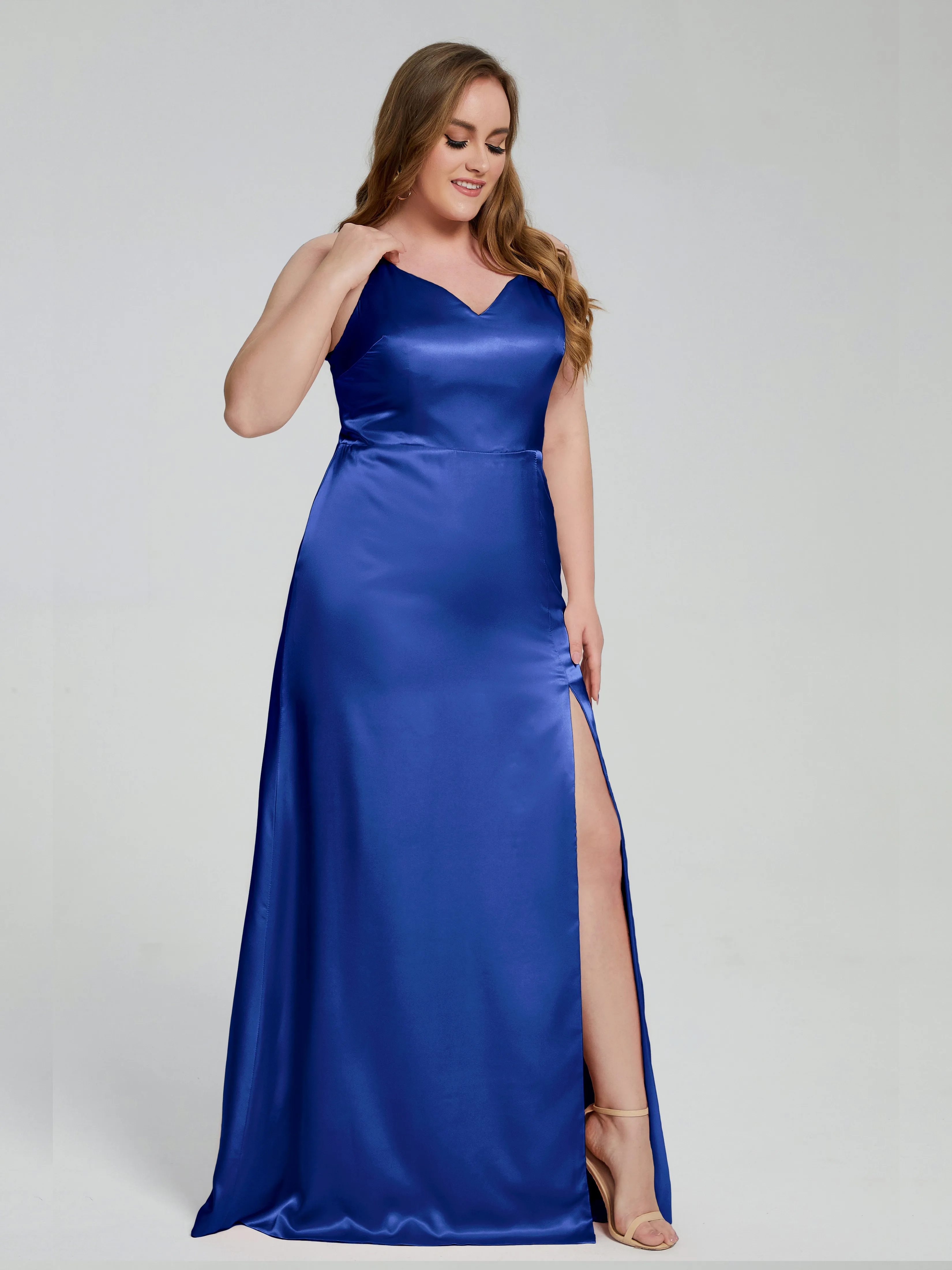 Adelyn Sexy Split Plus Size Soft Satin Bridesmaid Dresses