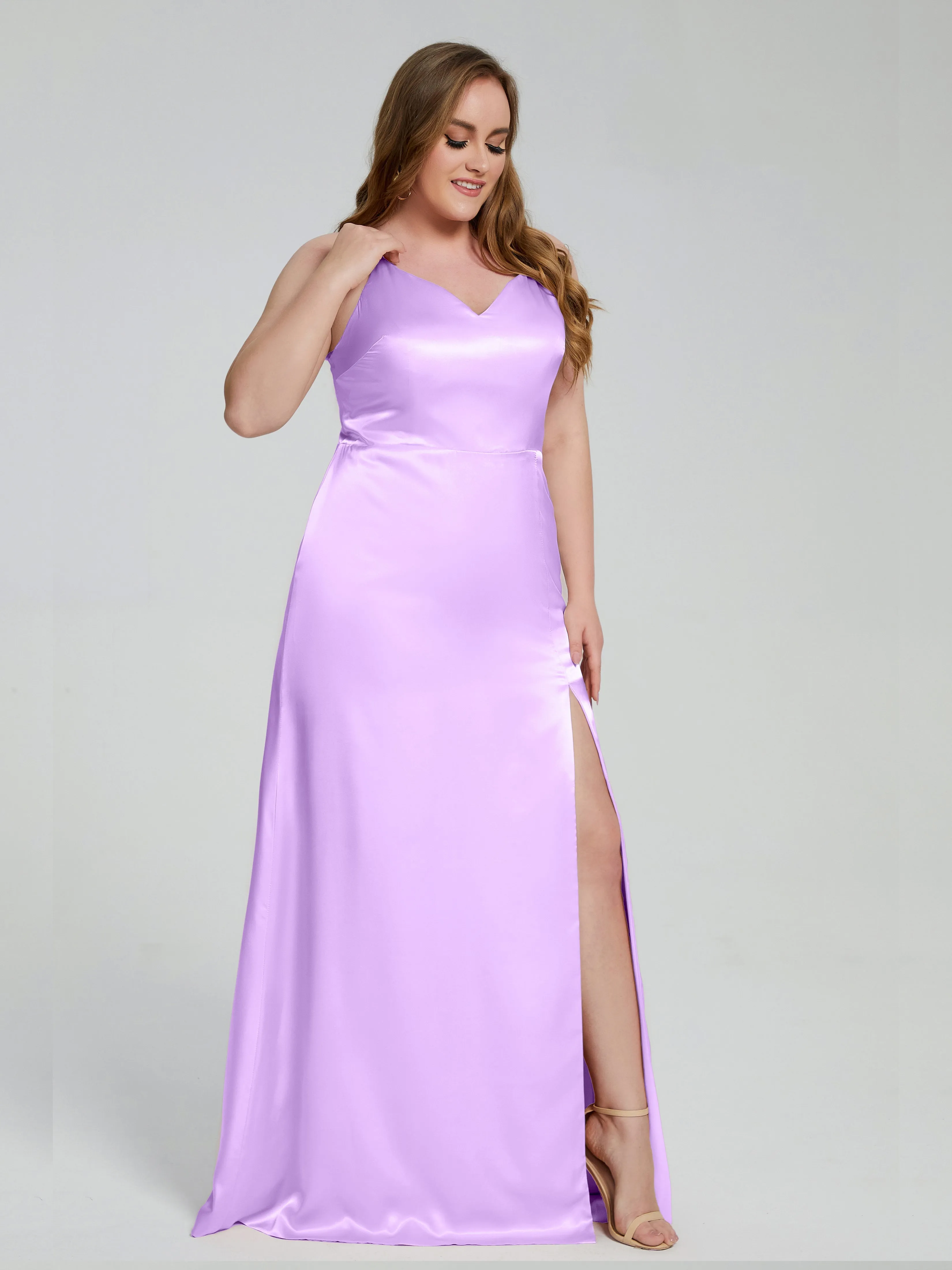 Adelyn Sexy Split Plus Size Soft Satin Bridesmaid Dresses