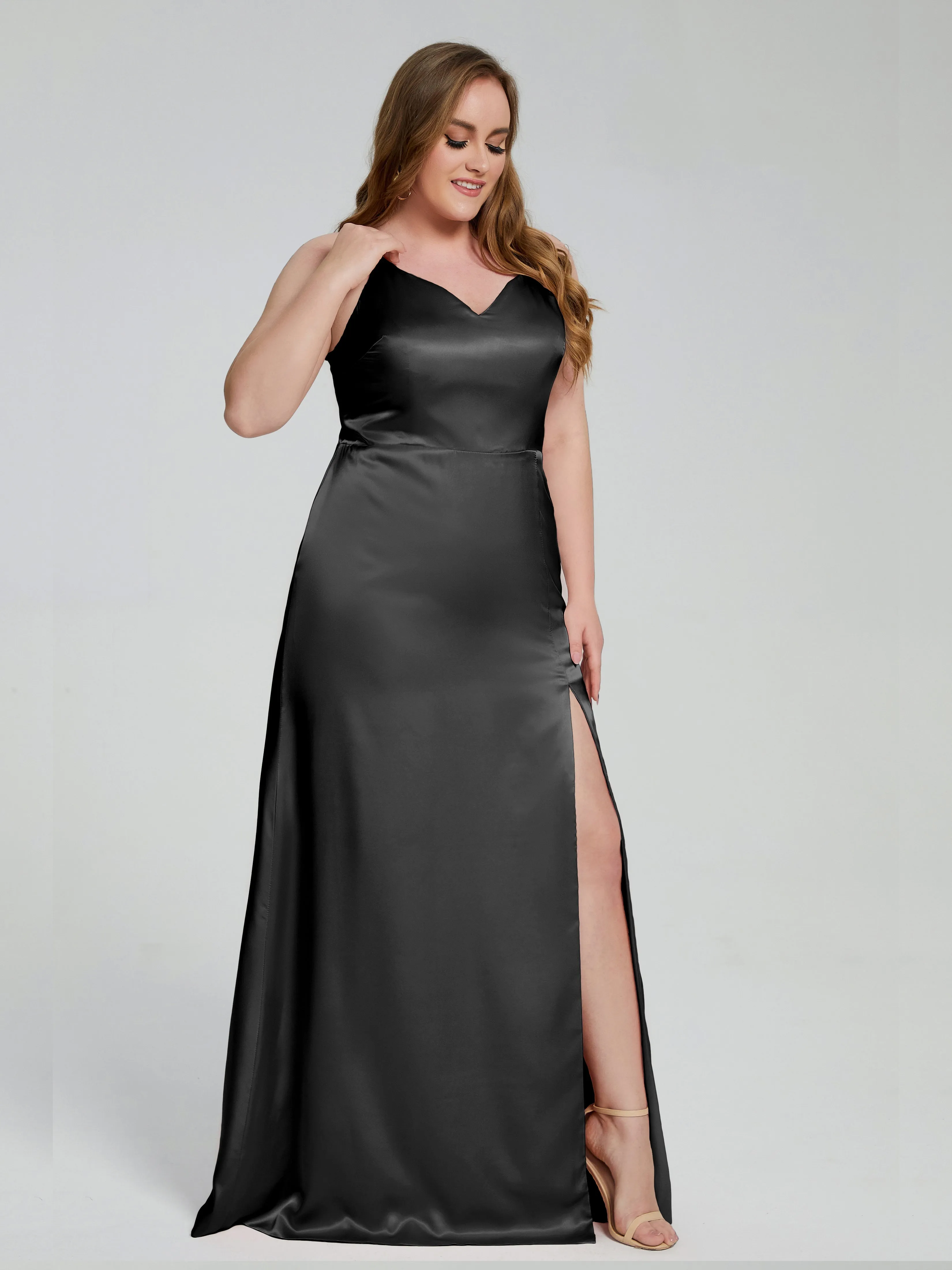 Adelyn Sexy Split Plus Size Soft Satin Bridesmaid Dresses