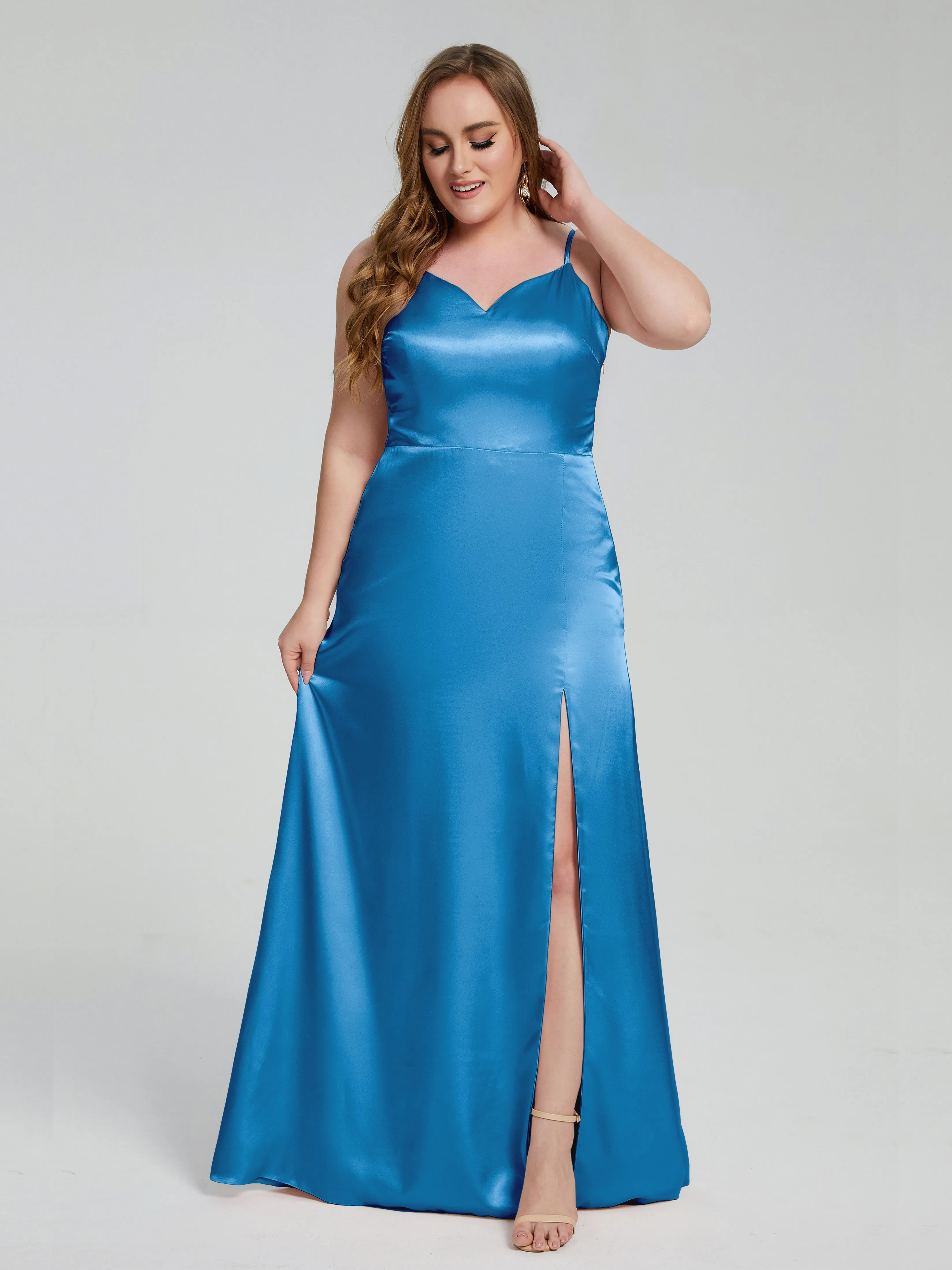 Adelyn Sexy Split Plus Size Soft Satin Bridesmaid Dresses