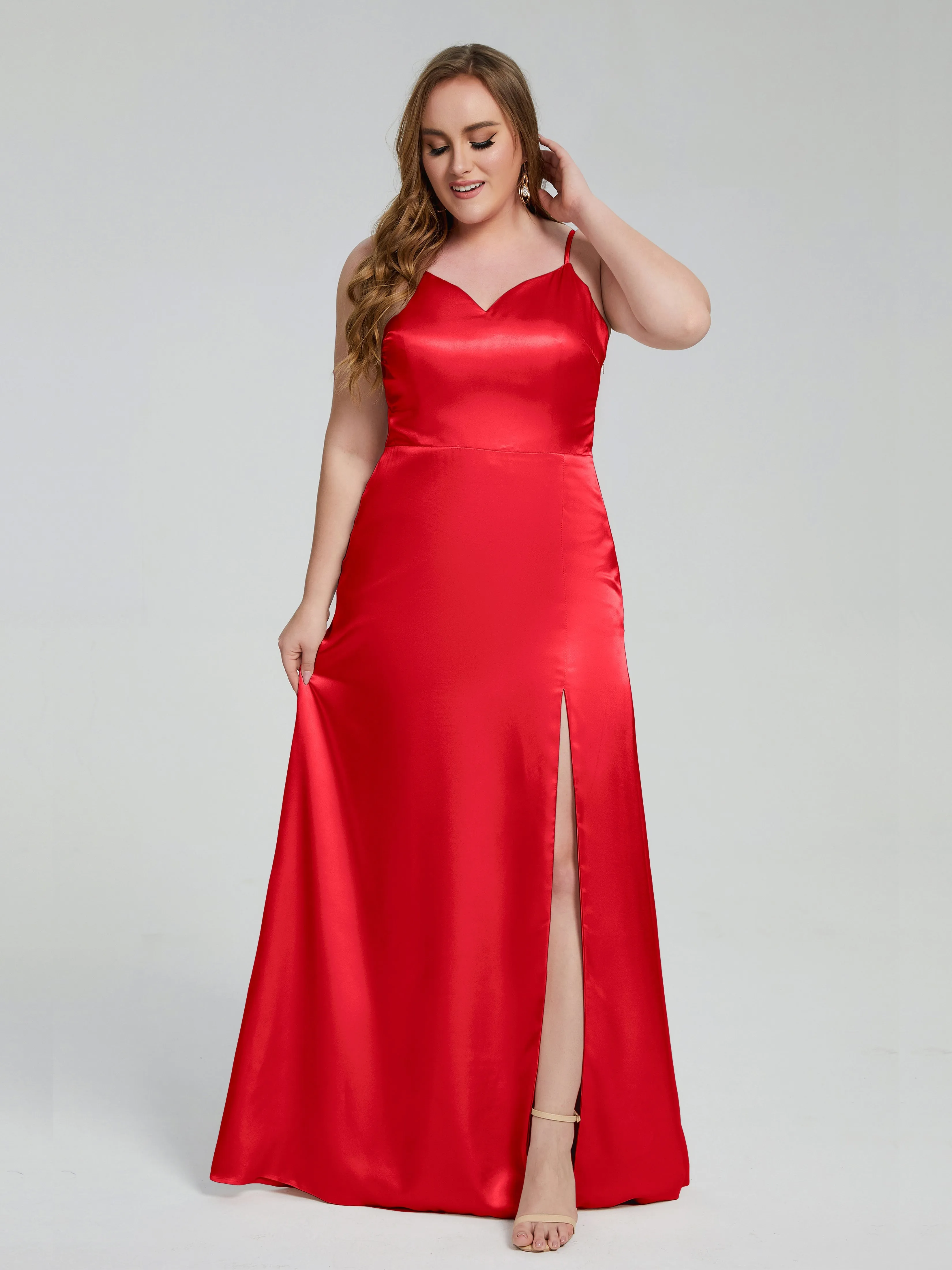 Adelyn Sexy Split Plus Size Soft Satin Bridesmaid Dresses