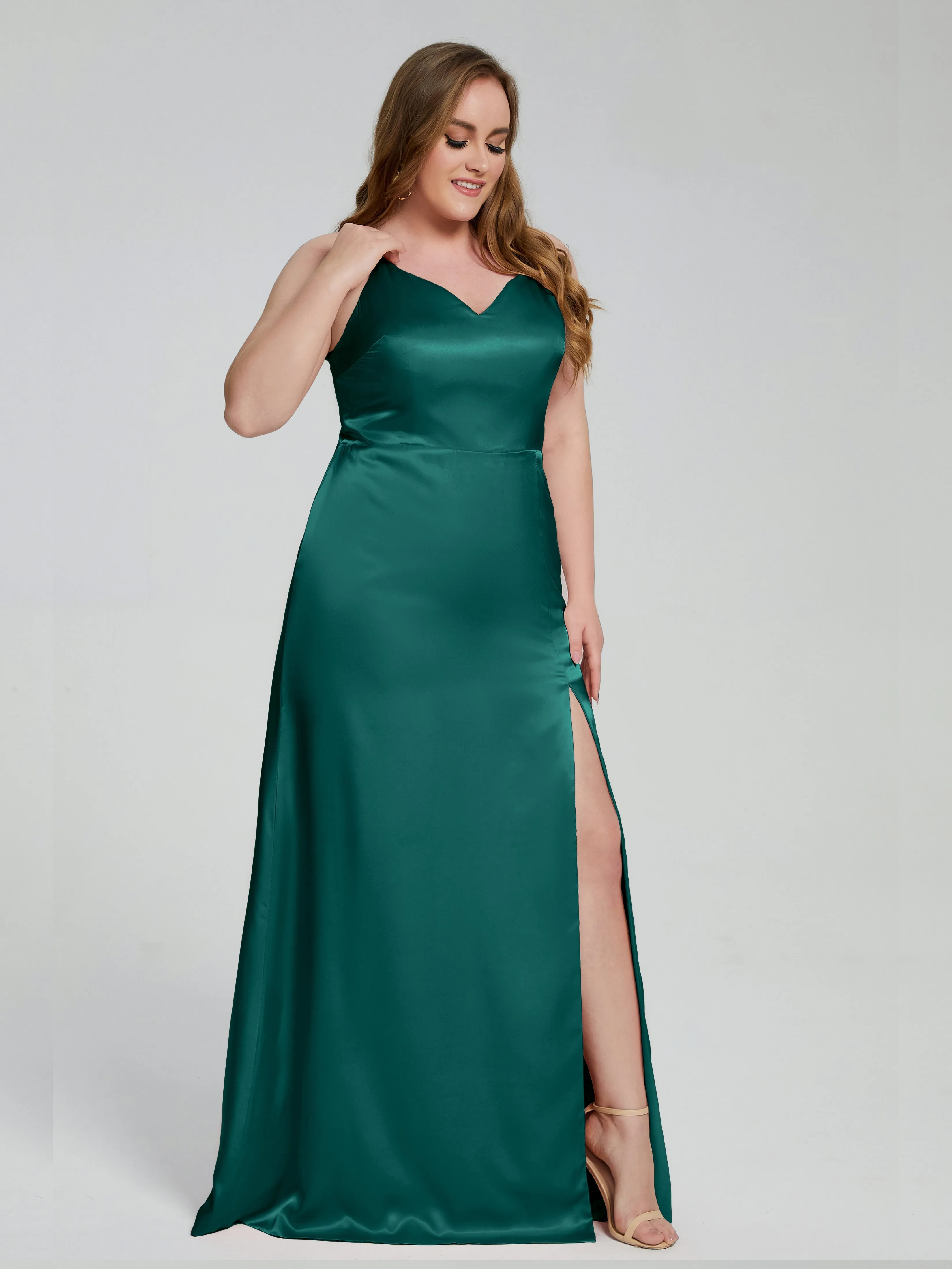 Adelyn Sexy Split Plus Size Soft Satin Bridesmaid Dresses