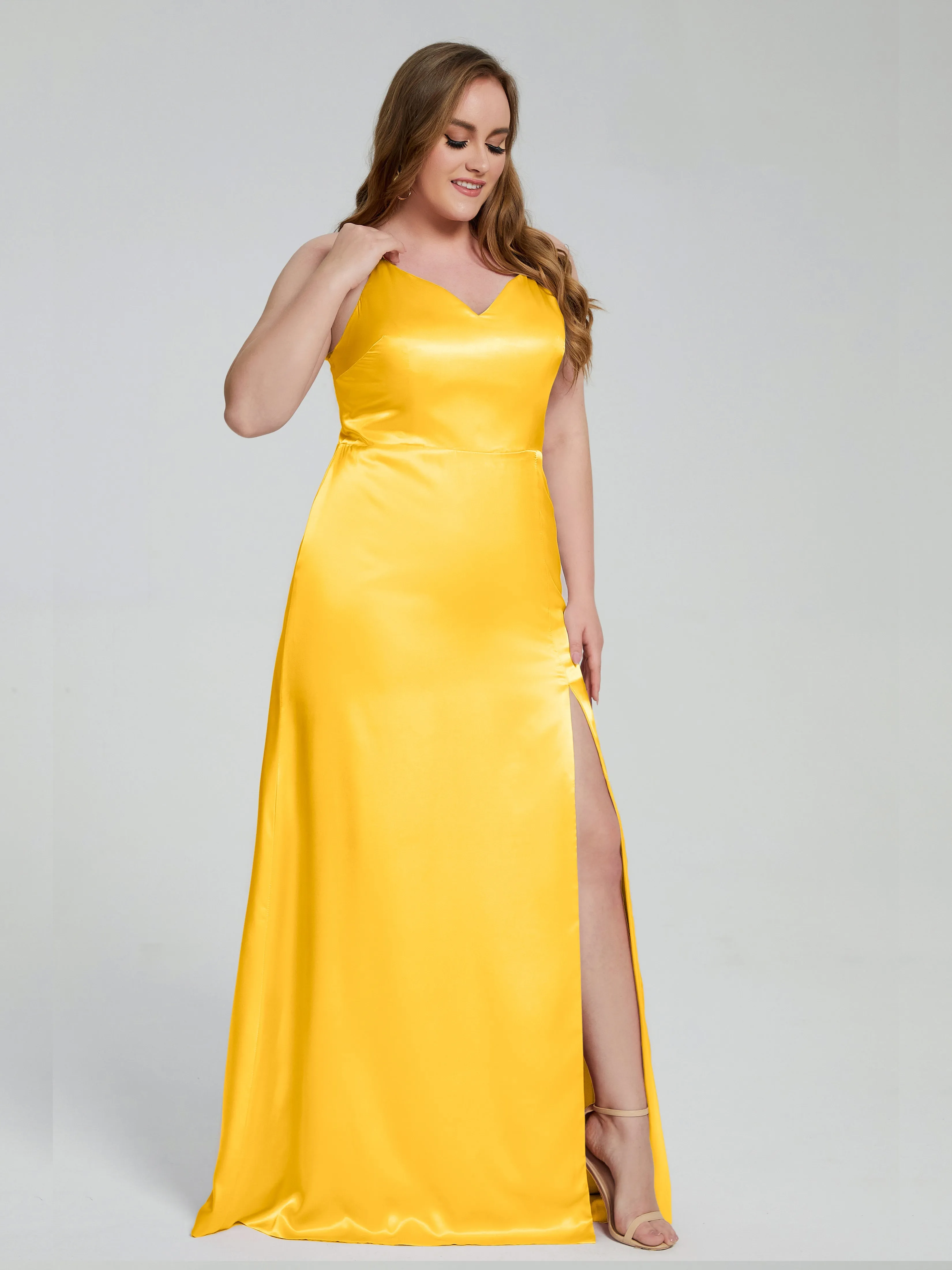 Adelyn Sexy Split Plus Size Soft Satin Bridesmaid Dresses
