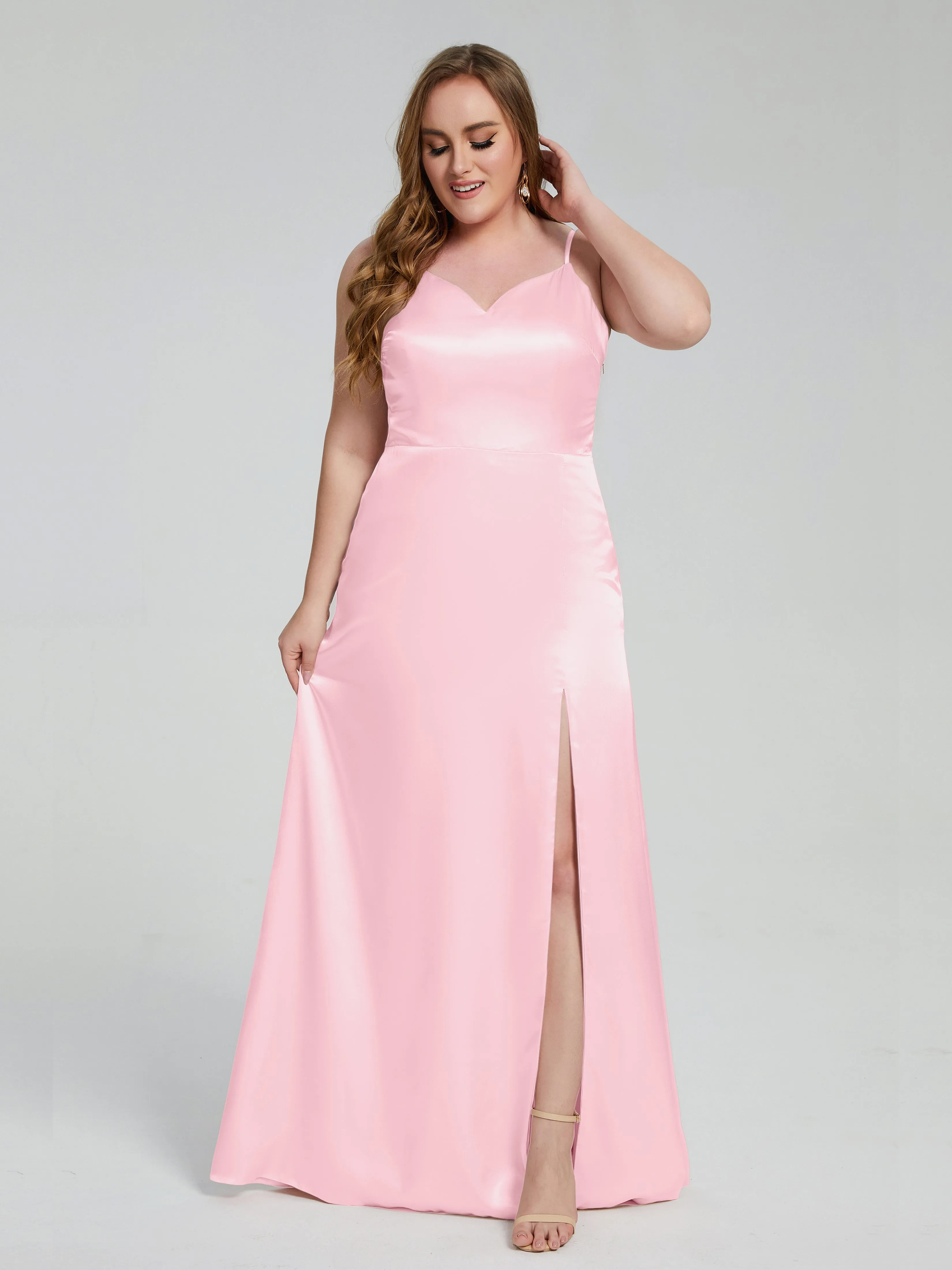 Adelyn Sexy Split Plus Size Soft Satin Bridesmaid Dresses