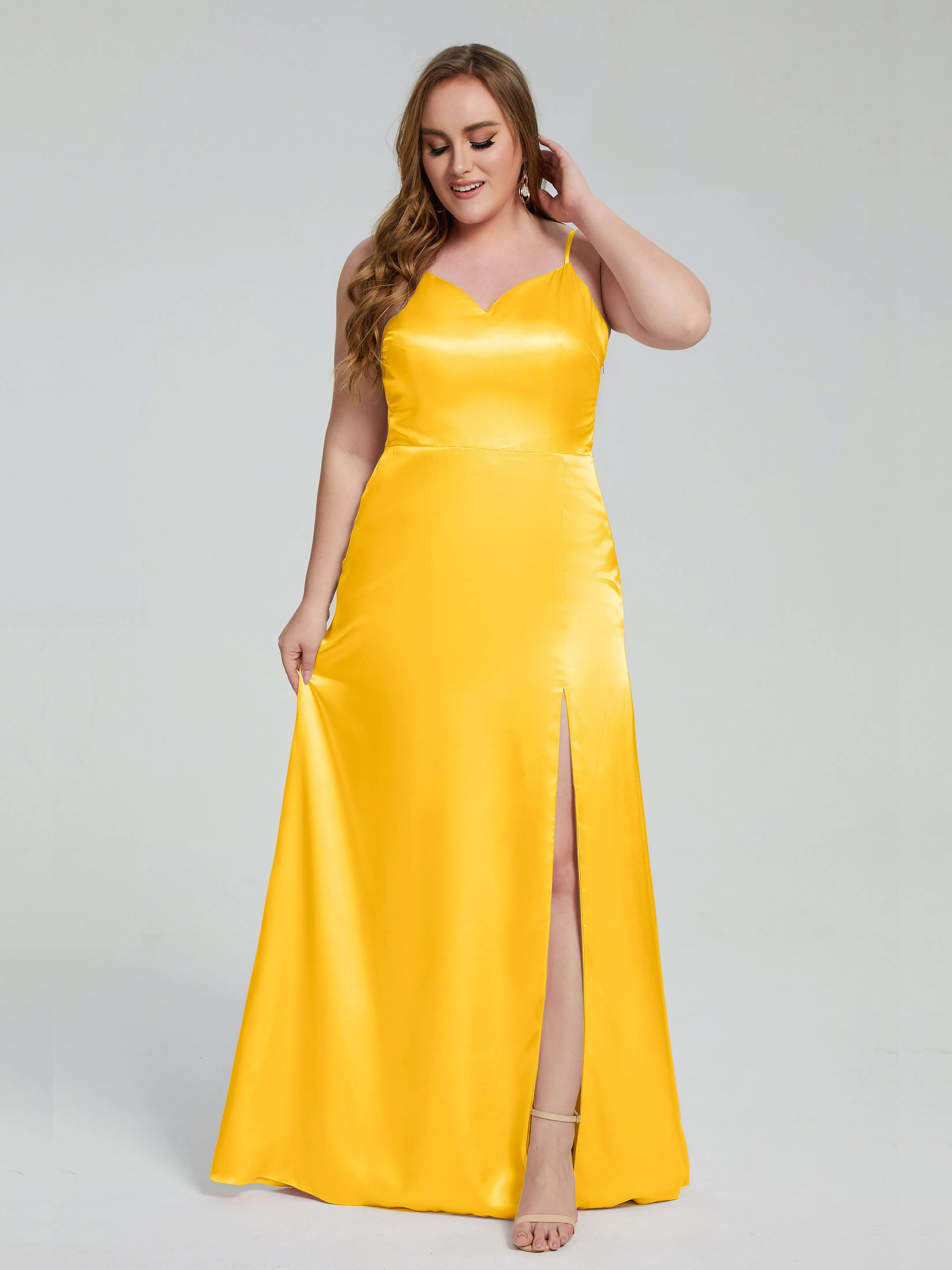 Adelyn Sexy Split Plus Size Soft Satin Bridesmaid Dresses