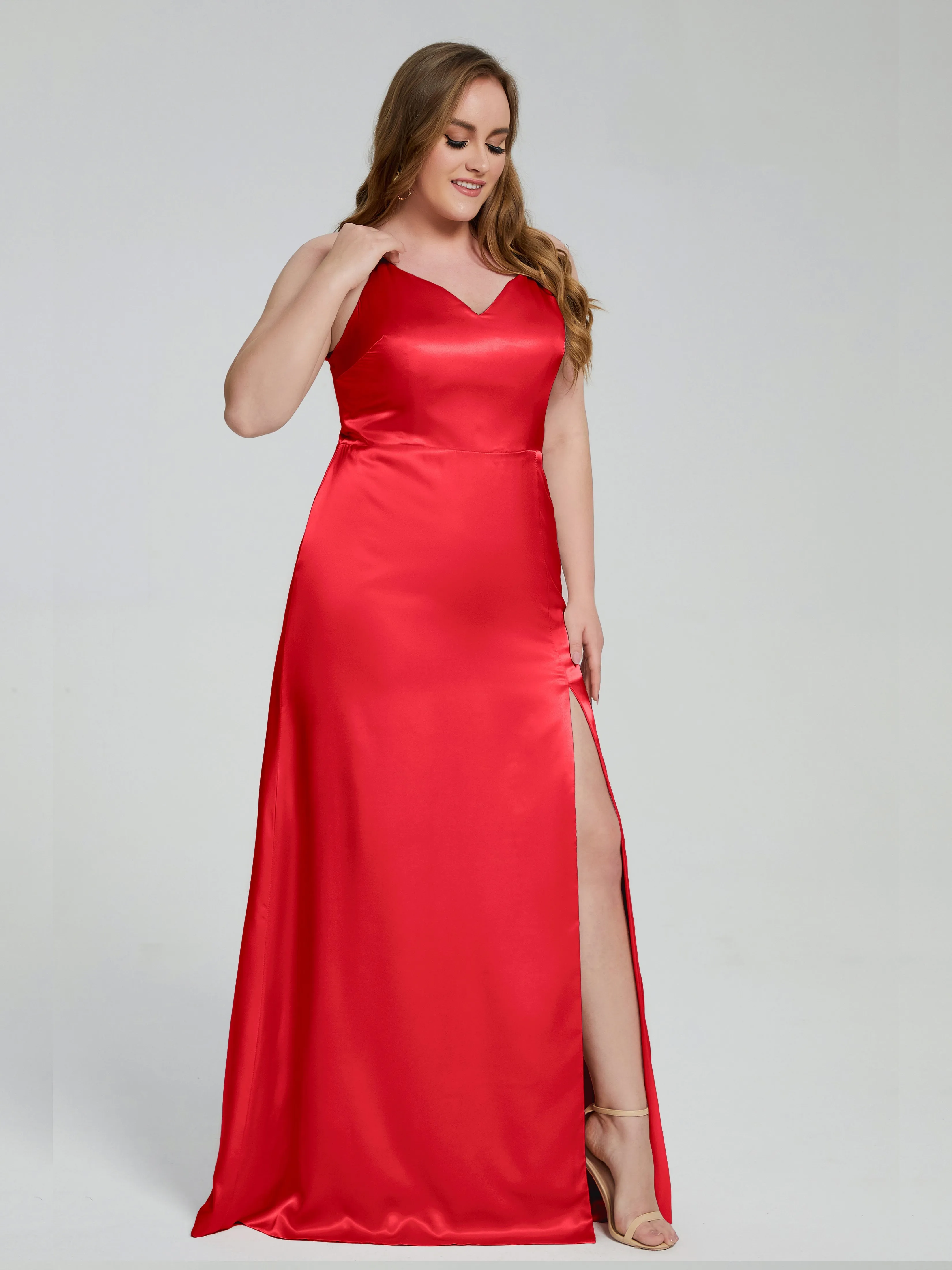 Adelyn Sexy Split Plus Size Soft Satin Bridesmaid Dresses