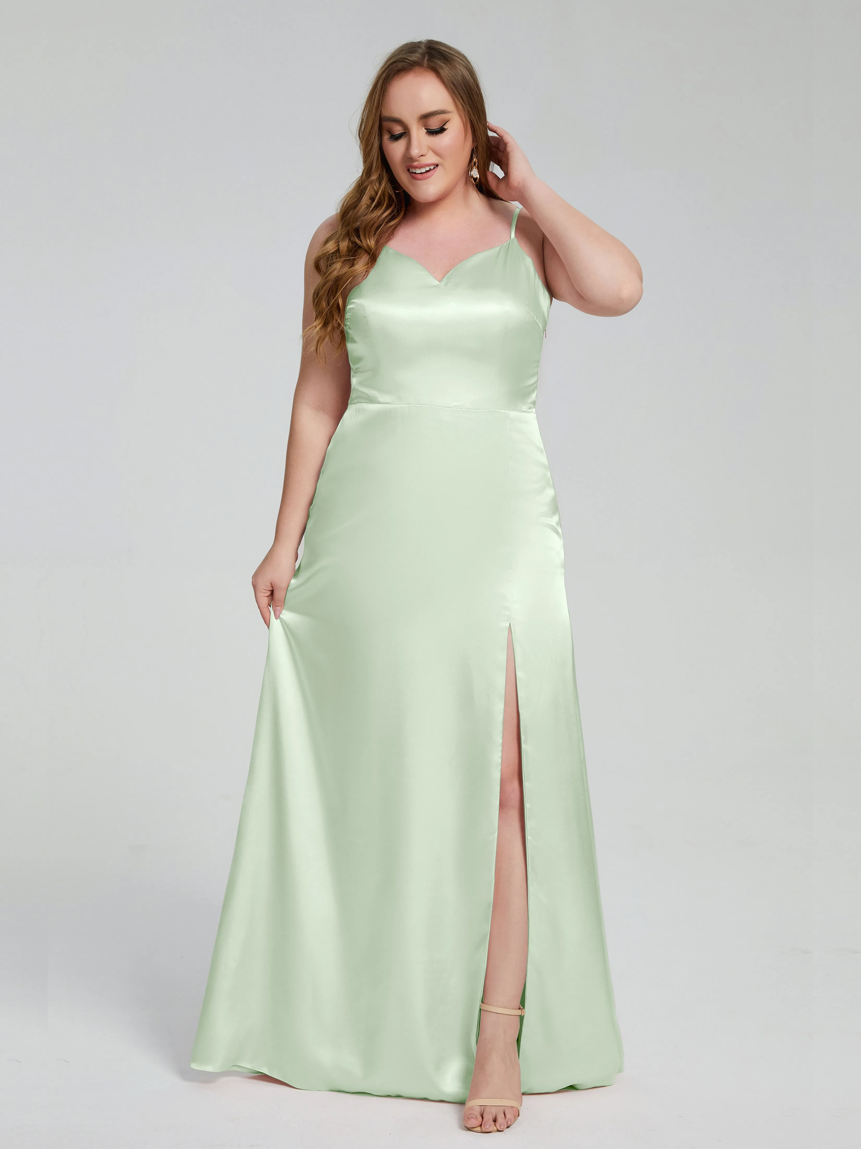 Adelyn Sexy Split Plus Size Soft Satin Bridesmaid Dresses