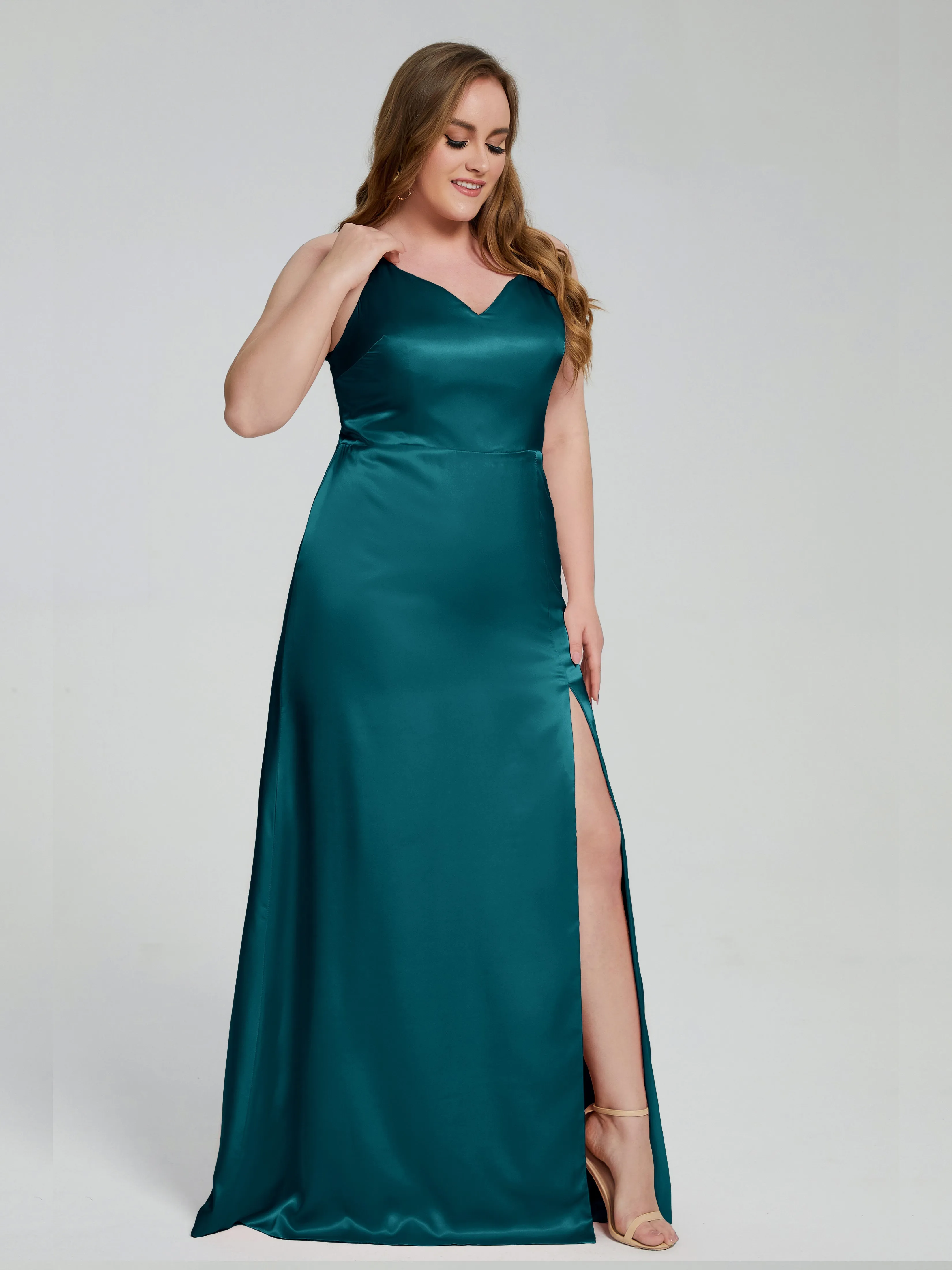 Adelyn Sexy Split Plus Size Soft Satin Bridesmaid Dresses