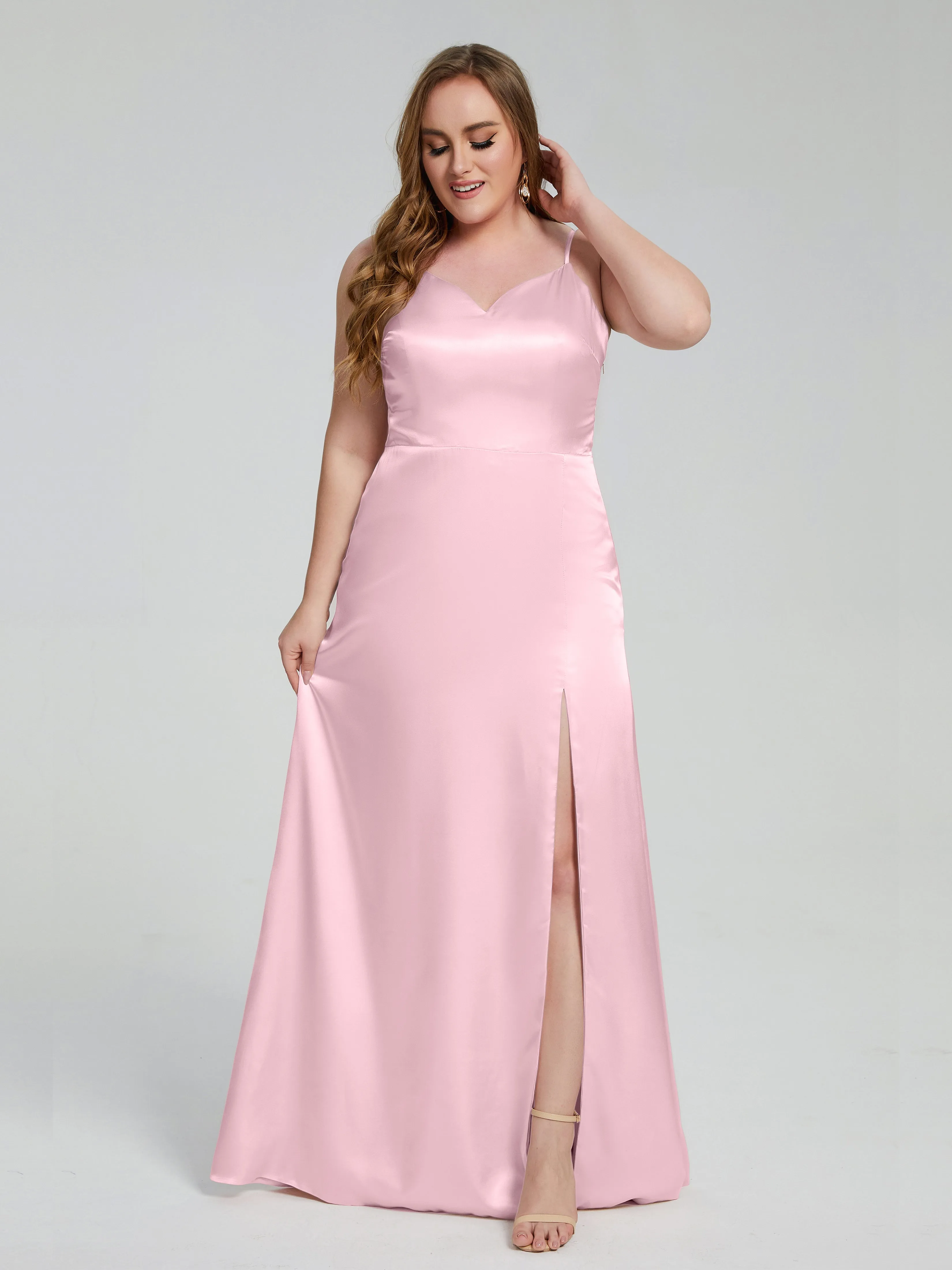 Adelyn Sexy Split Plus Size Soft Satin Bridesmaid Dresses