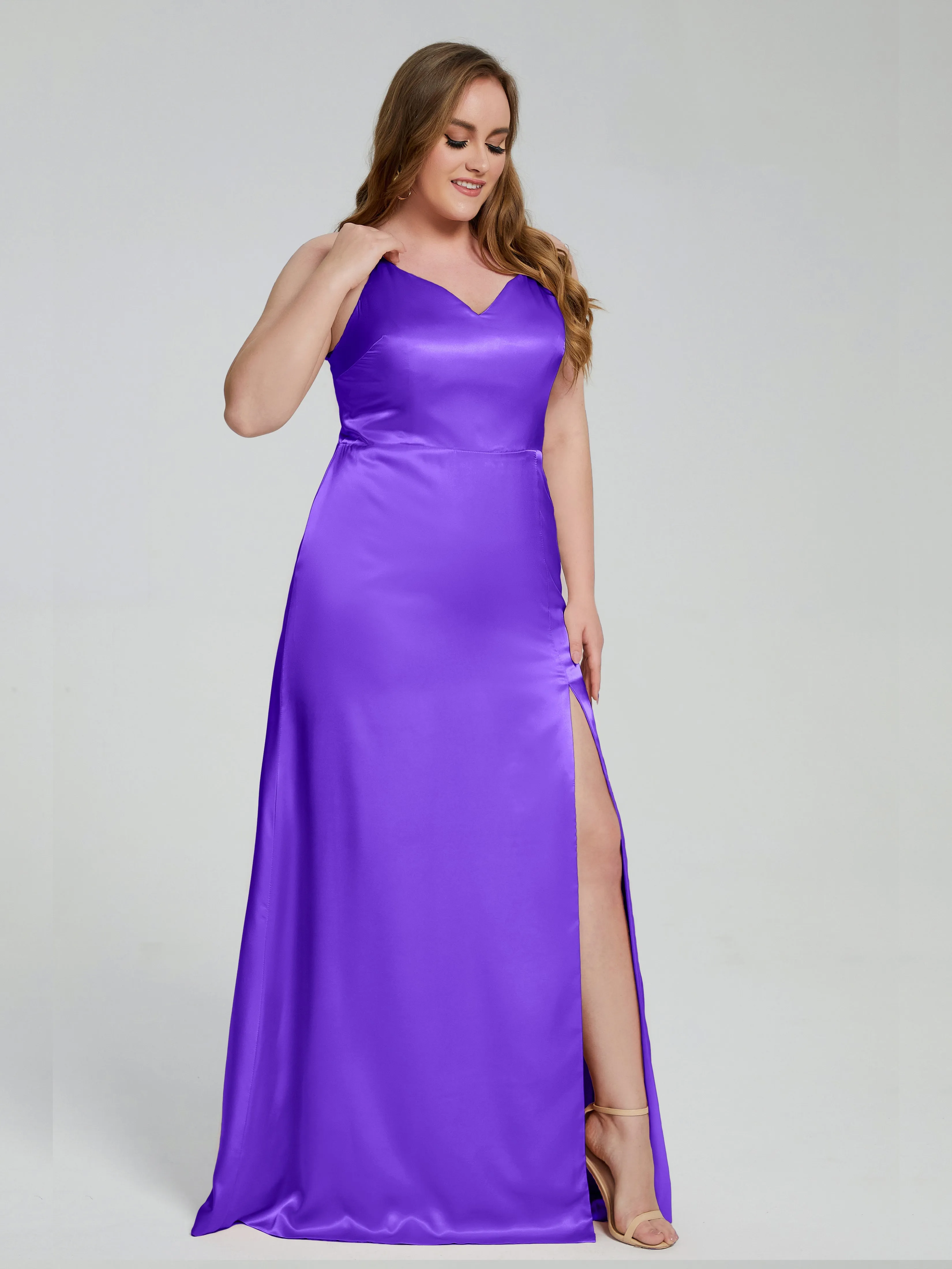 Adelyn Sexy Split Plus Size Soft Satin Bridesmaid Dresses