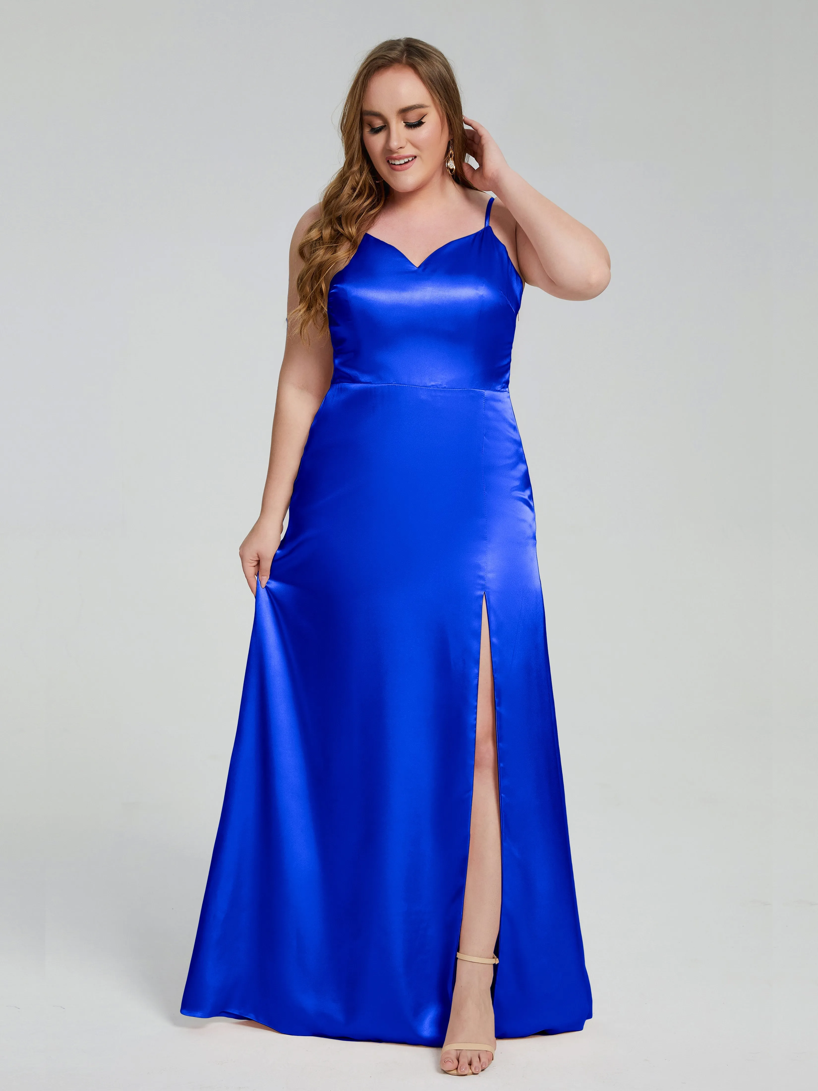 Adelyn Sexy Split Plus Size Soft Satin Bridesmaid Dresses