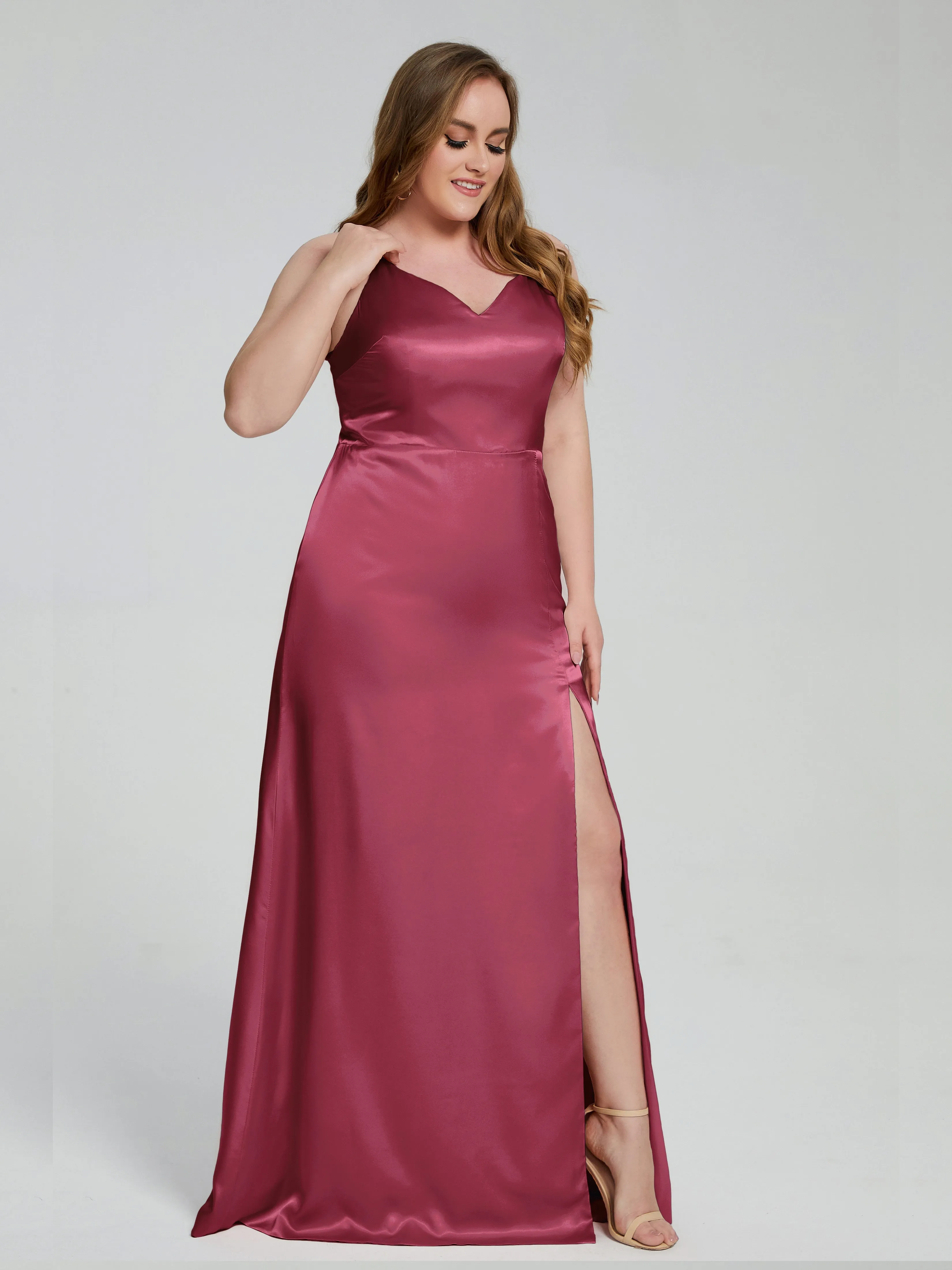 Adelyn Sexy Split Plus Size Soft Satin Bridesmaid Dresses