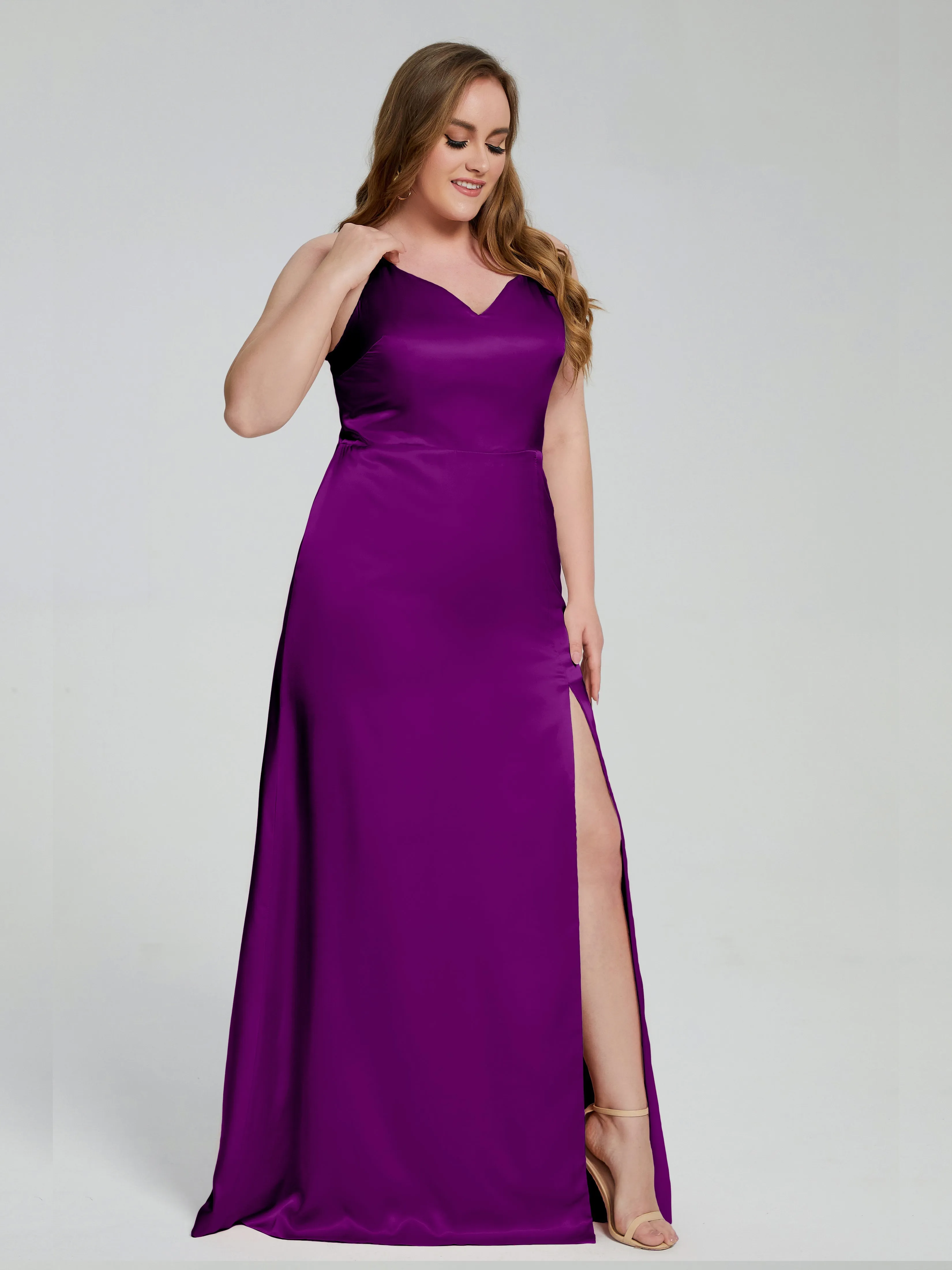 Adelyn Sexy Split Plus Size Soft Satin Bridesmaid Dresses