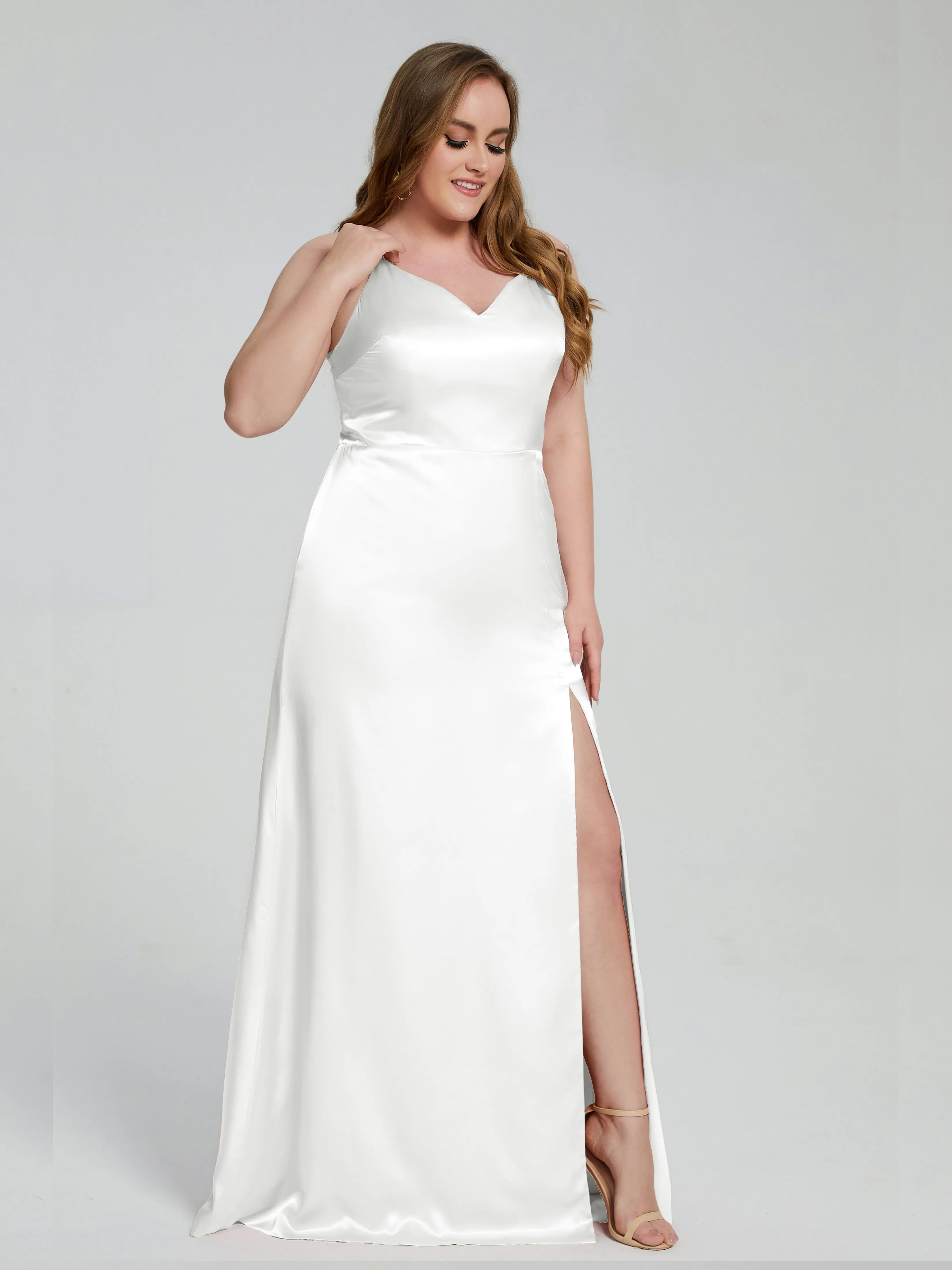 Adelyn Sexy Split Plus Size Soft Satin Bridesmaid Dresses