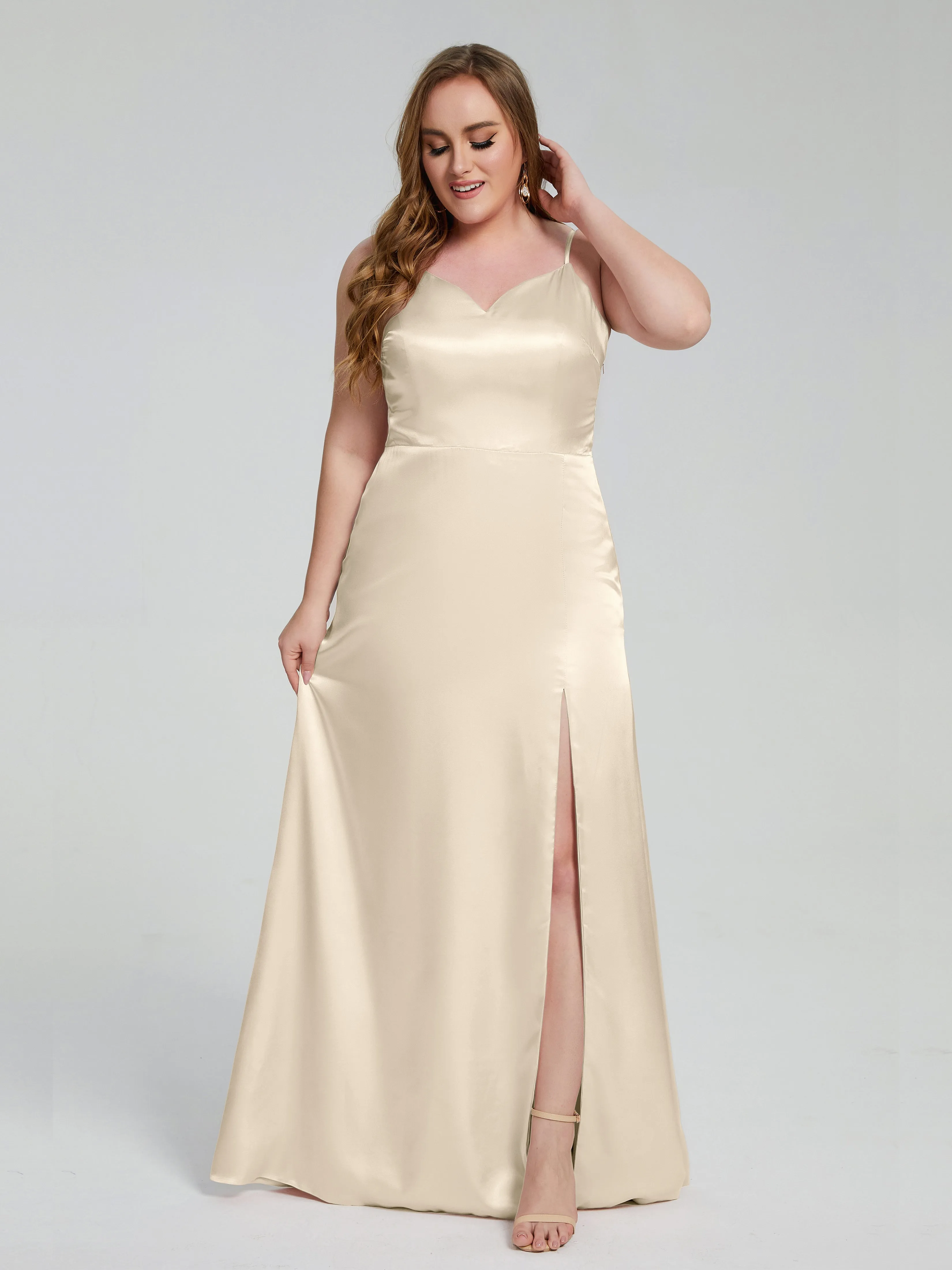 Adelyn Sexy Split Plus Size Soft Satin Bridesmaid Dresses