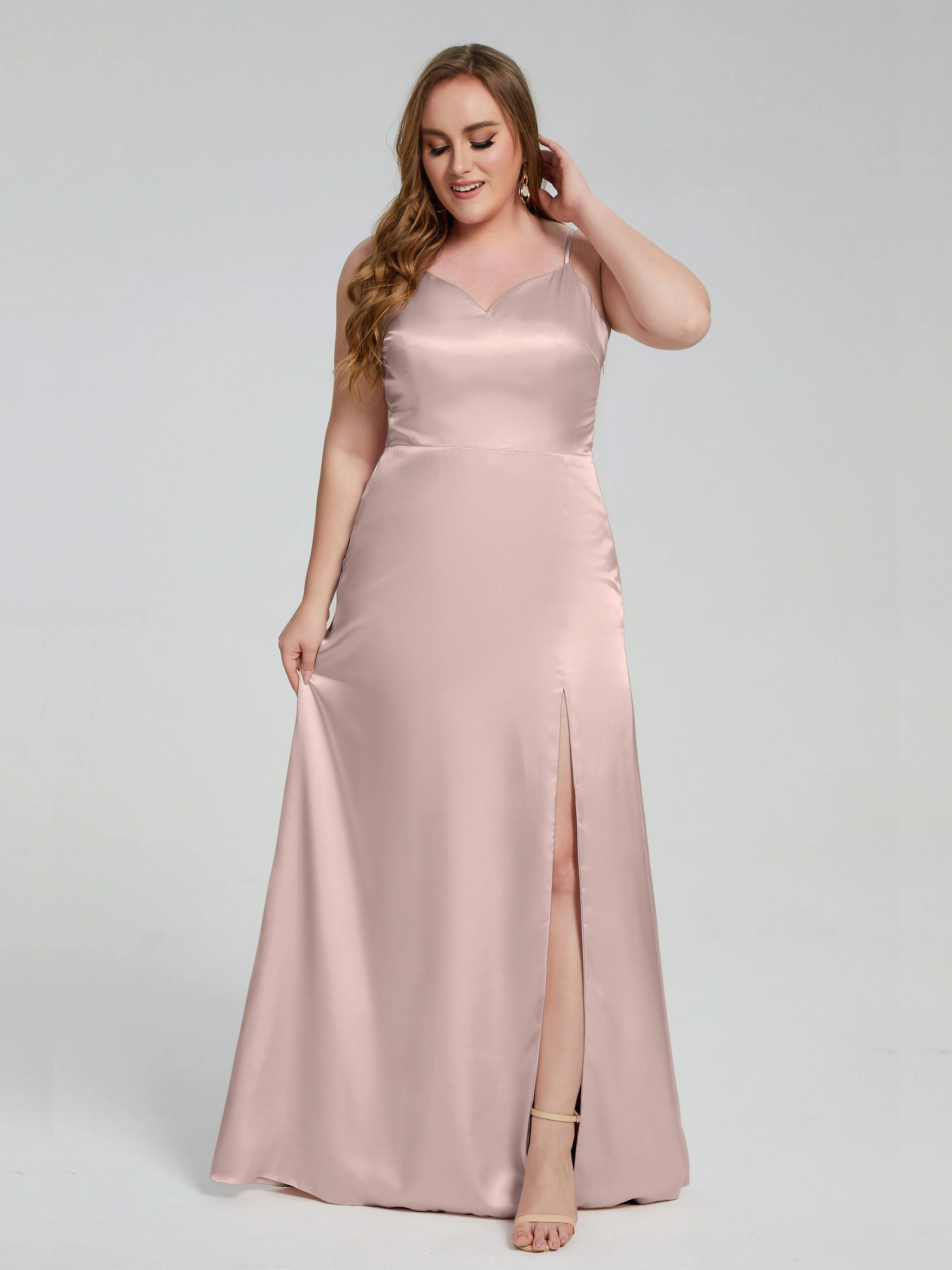 Adelyn Sexy Split Plus Size Soft Satin Bridesmaid Dresses