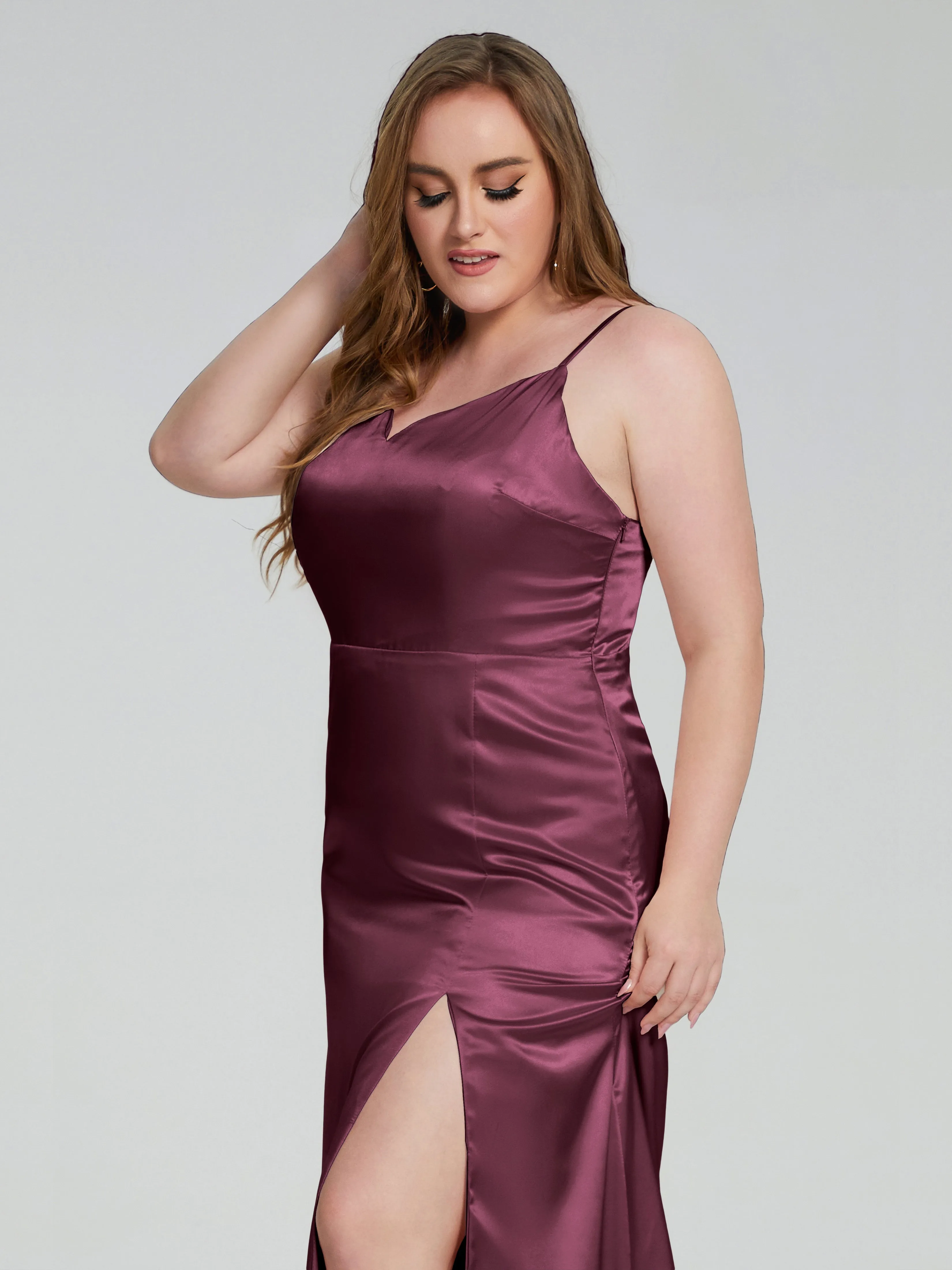 Adelyn Sexy Split Plus Size Soft Satin Bridesmaid Dresses