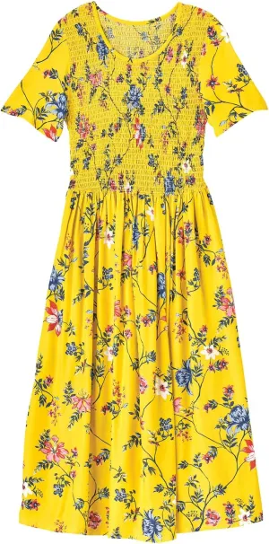 AmeriMark Smocked-Waist Dress with Elbow Sleeves and Scoop Neckline - Midi Dress with Full Gathered Skirt - Rayon Knit
