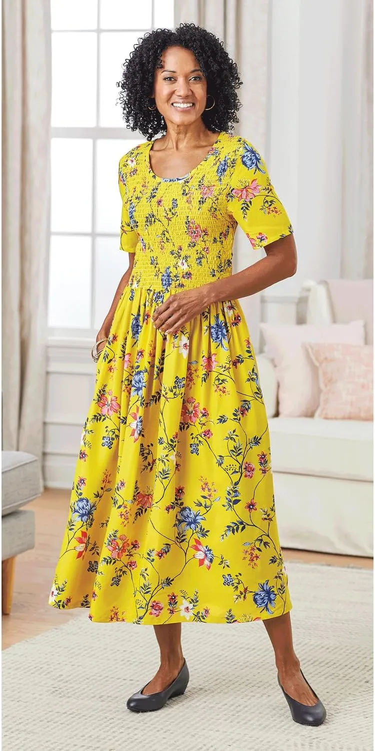 AmeriMark Smocked-Waist Dress with Elbow Sleeves and Scoop Neckline - Midi Dress with Full Gathered Skirt - Rayon Knit