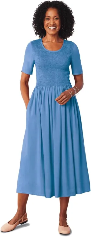 AmeriMark Smocked-Waist Dress with Elbow Sleeves and Scoop Neckline - Midi Dress with Full Gathered Skirt - Rayon Knit