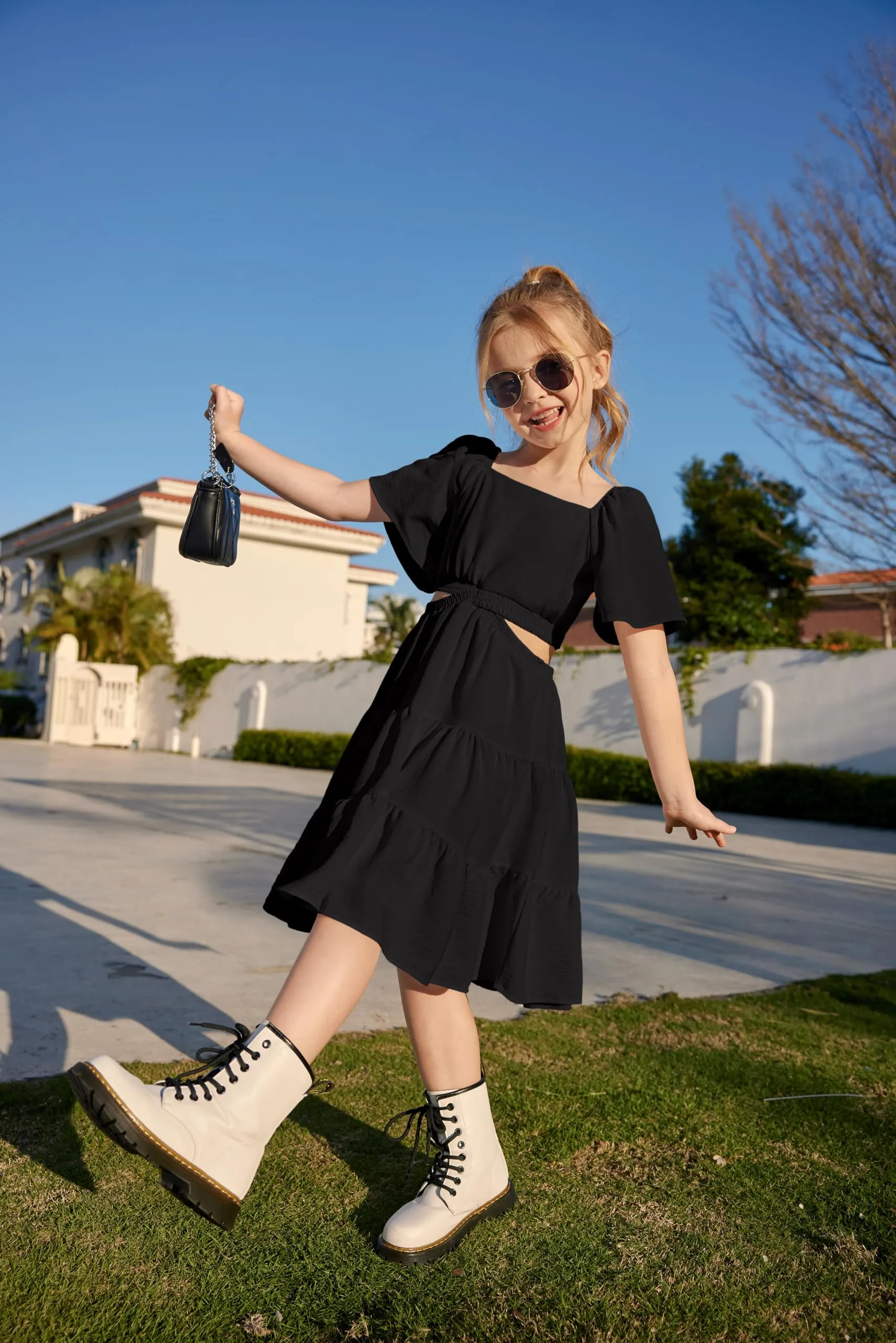 Arshiner Girls Dresses Square Neck Cut Out Shirred Ruffle Hem Funeral Semi Formal Black Dress Size 11-12