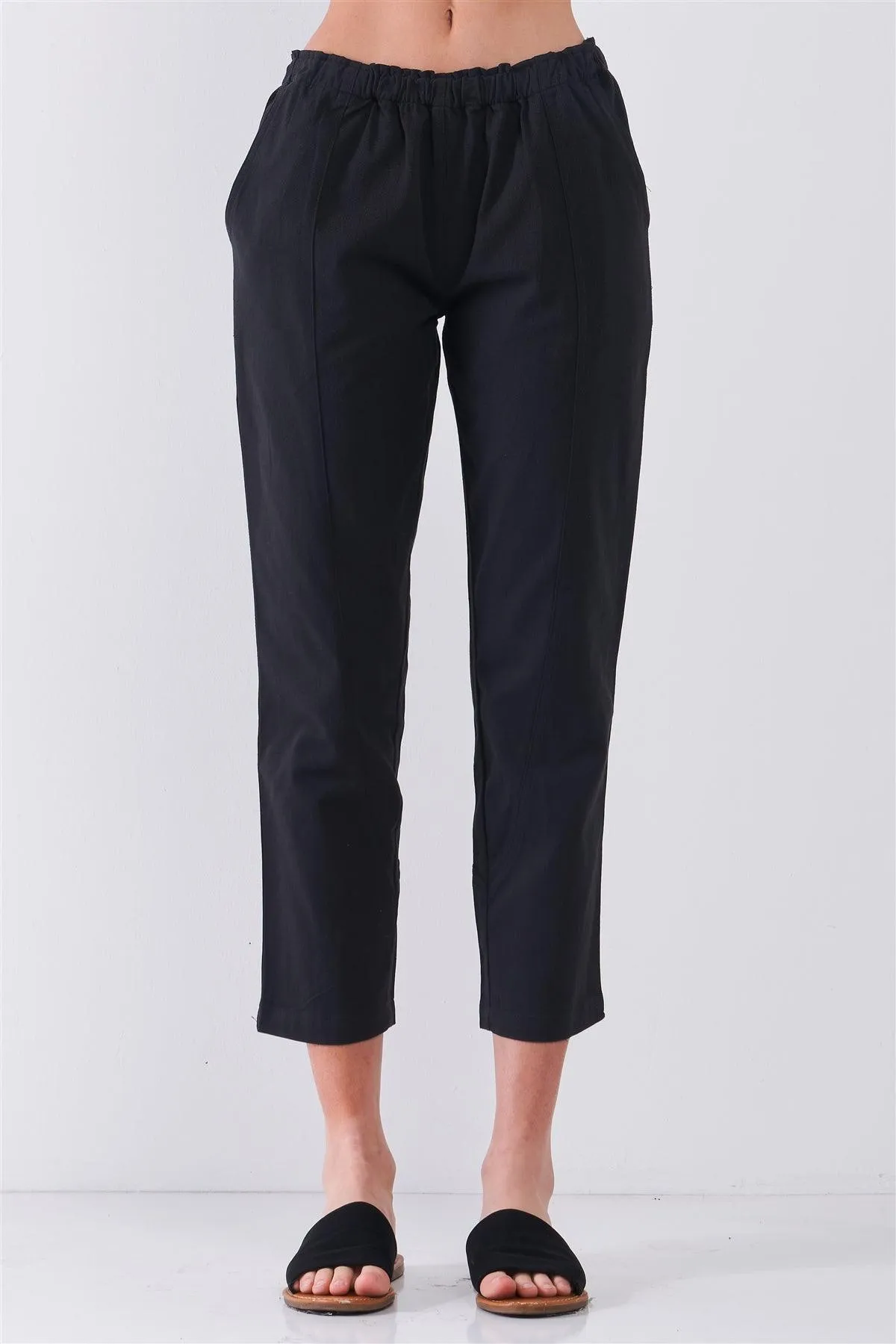 Black Mid-Rise Elasticated Waist Ankle Length Pants /3-2-1