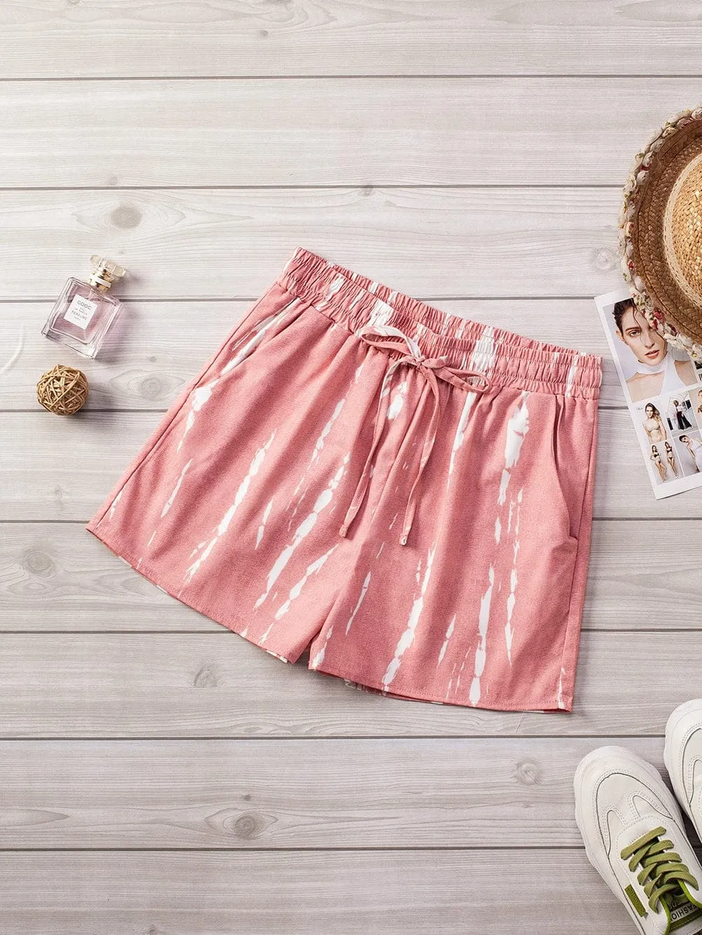 Boho-Chic Pink Tie Dye Casual Shorts with Drawstring