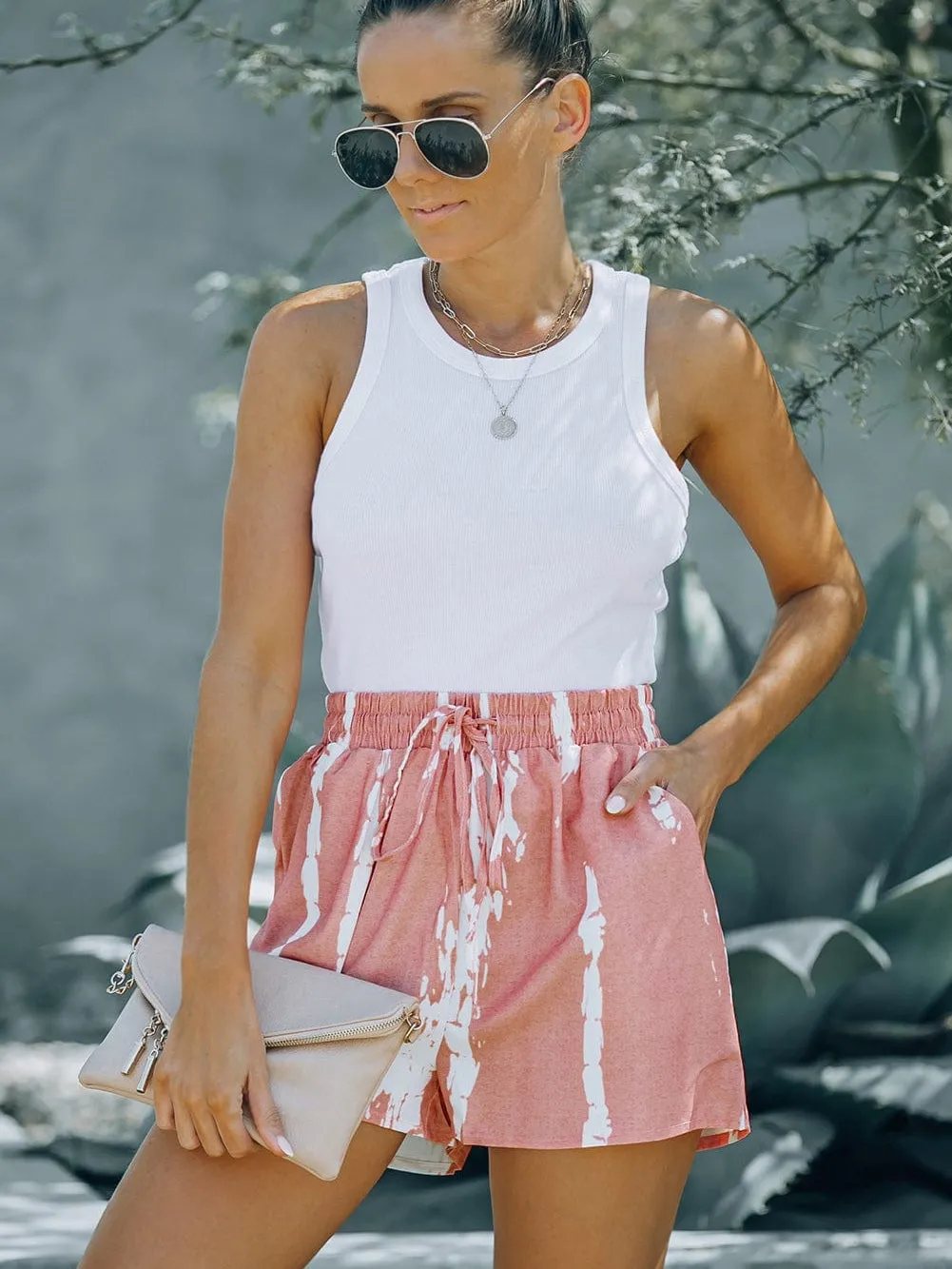 Boho-Chic Pink Tie Dye Casual Shorts with Drawstring