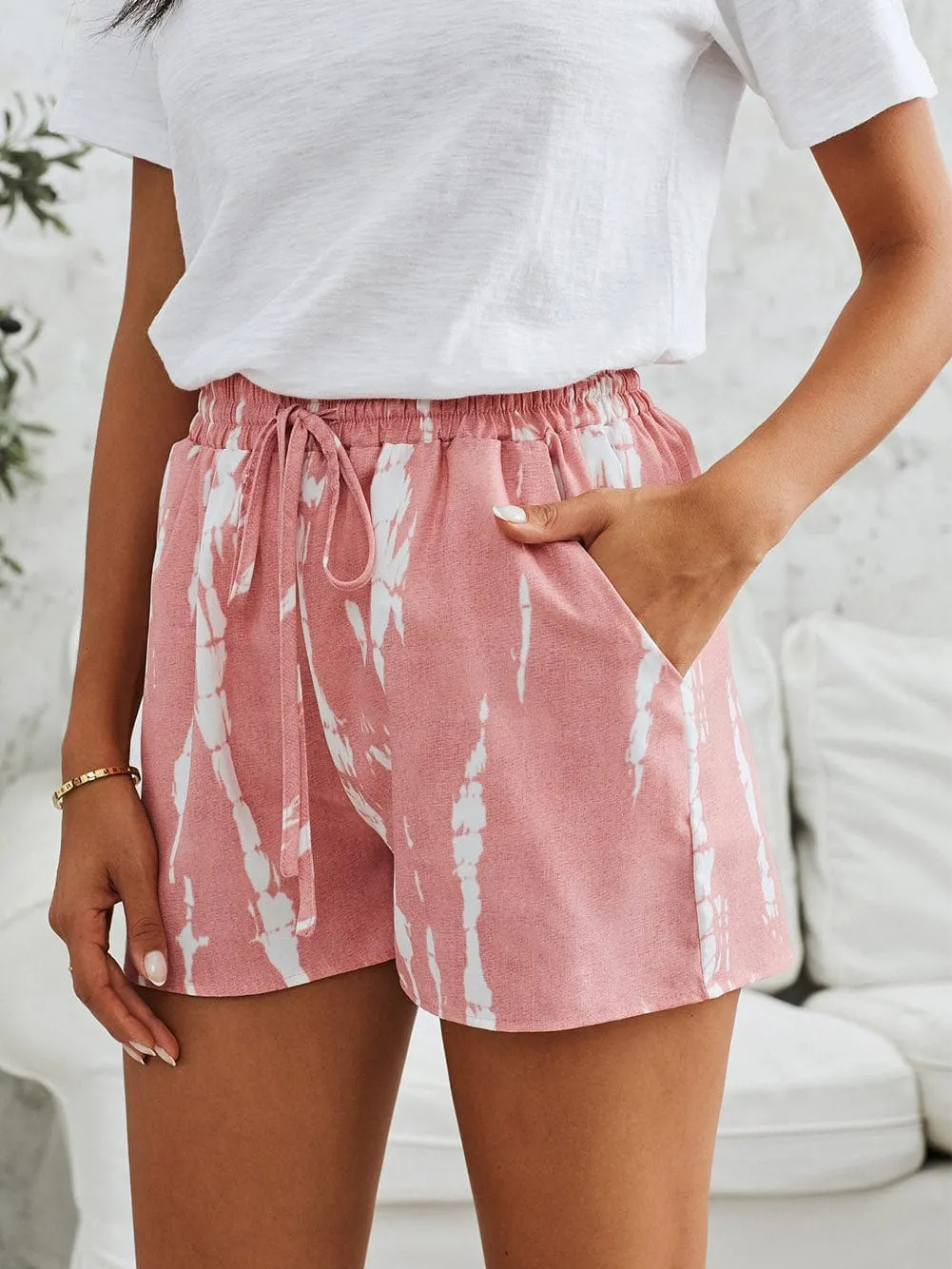 Boho-Chic Pink Tie Dye Casual Shorts with Drawstring