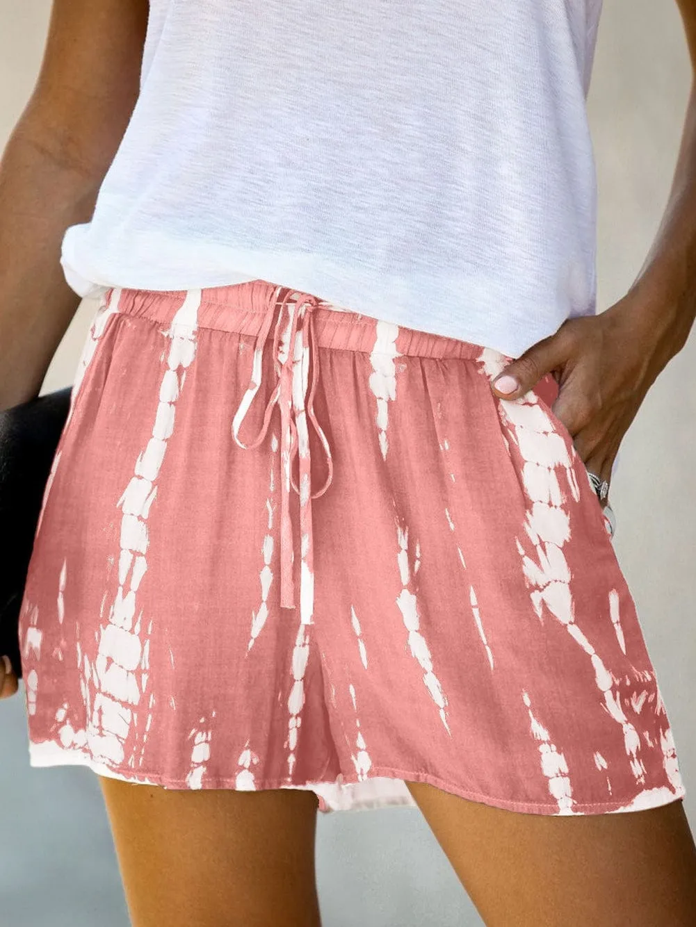 Boho-Chic Pink Tie Dye Casual Shorts with Drawstring