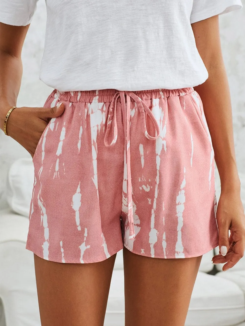 Boho-Chic Pink Tie Dye Casual Shorts with Drawstring