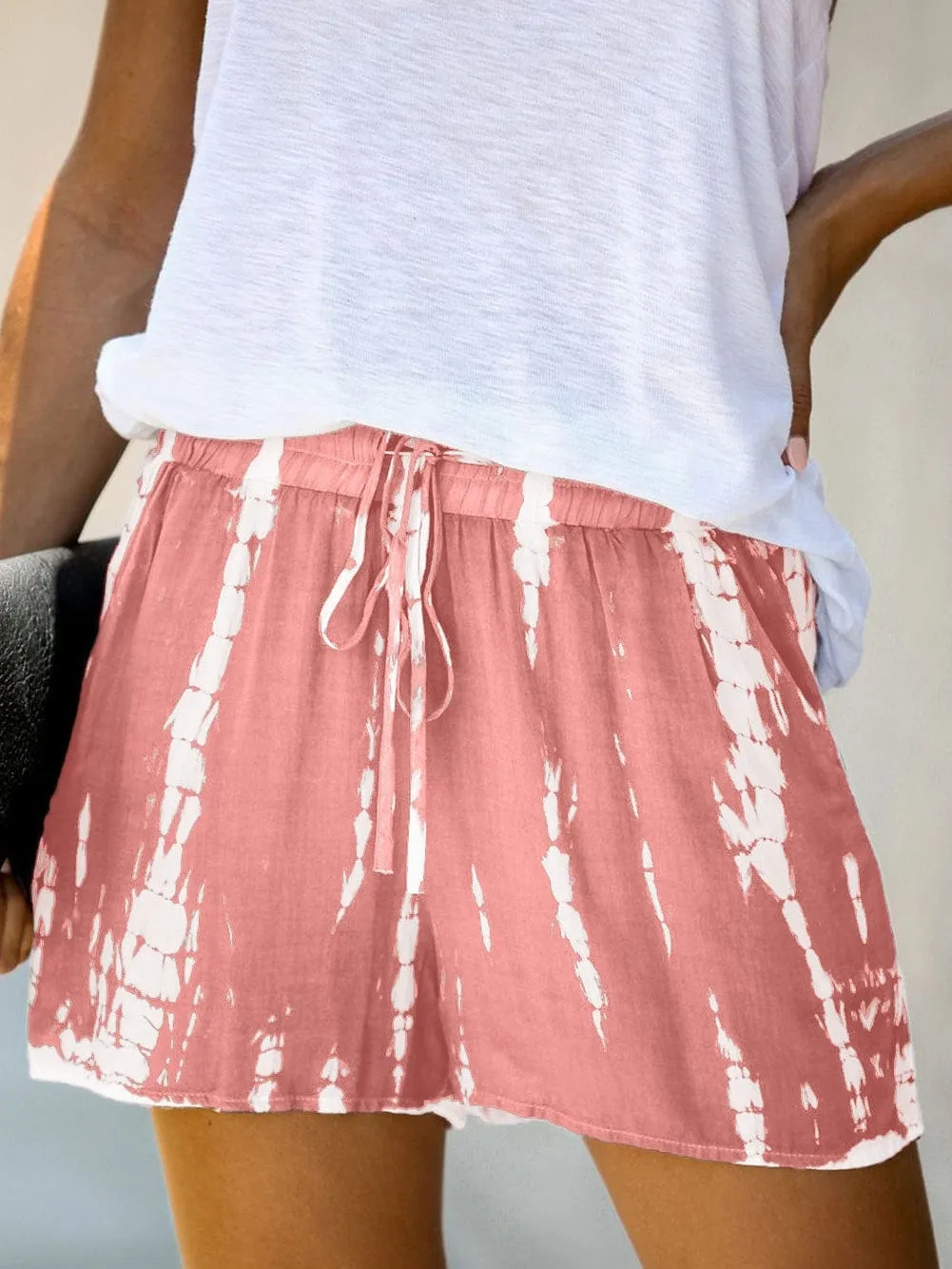 Boho-Chic Pink Tie Dye Casual Shorts with Drawstring