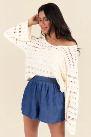 Chasing Daylight Cream Open Knit V-Neck Sweater